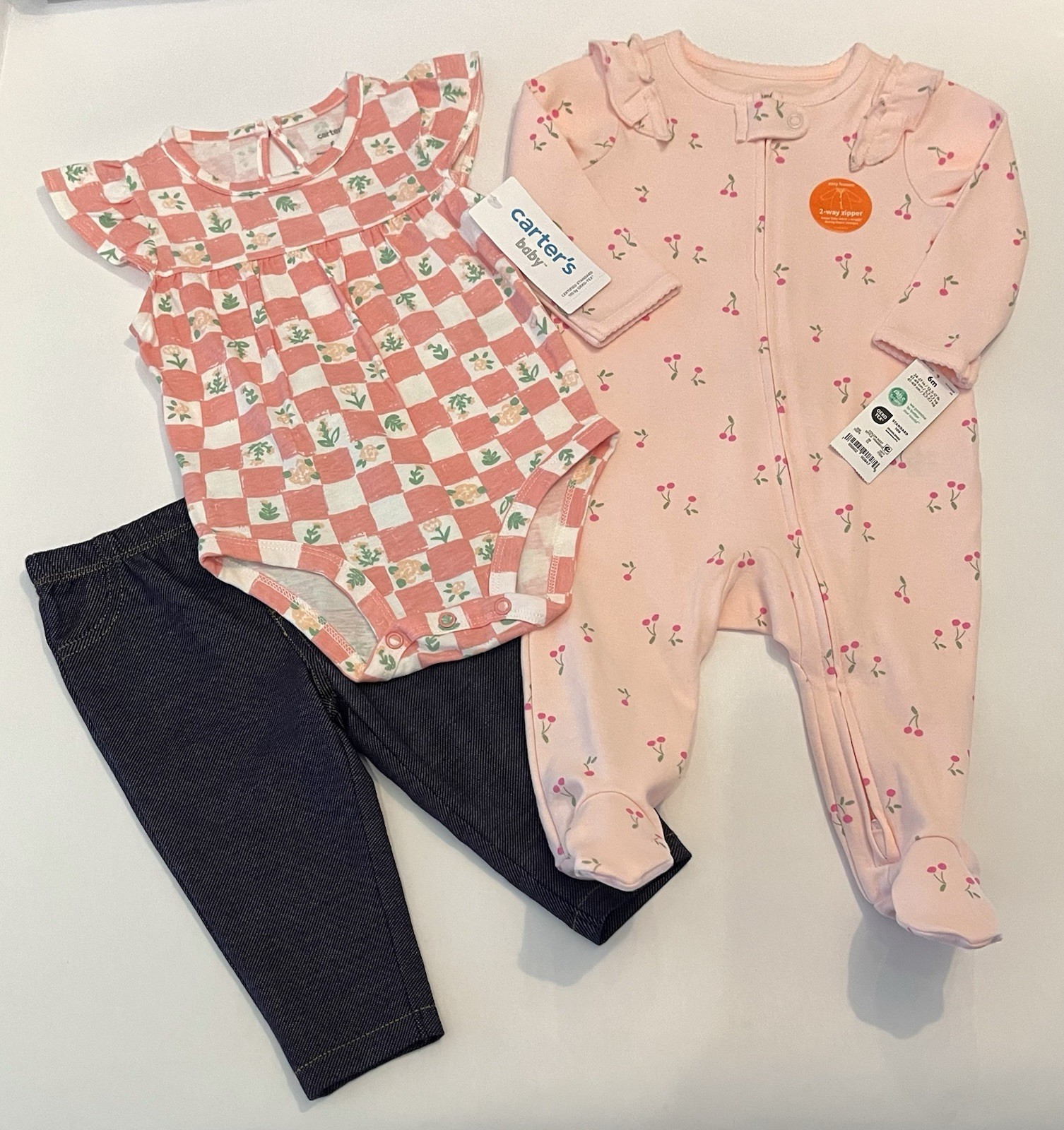 Carters Baby Girl Clothes 6 Months Footed Pajamas Pants Bodysuit Lot Of 2 New