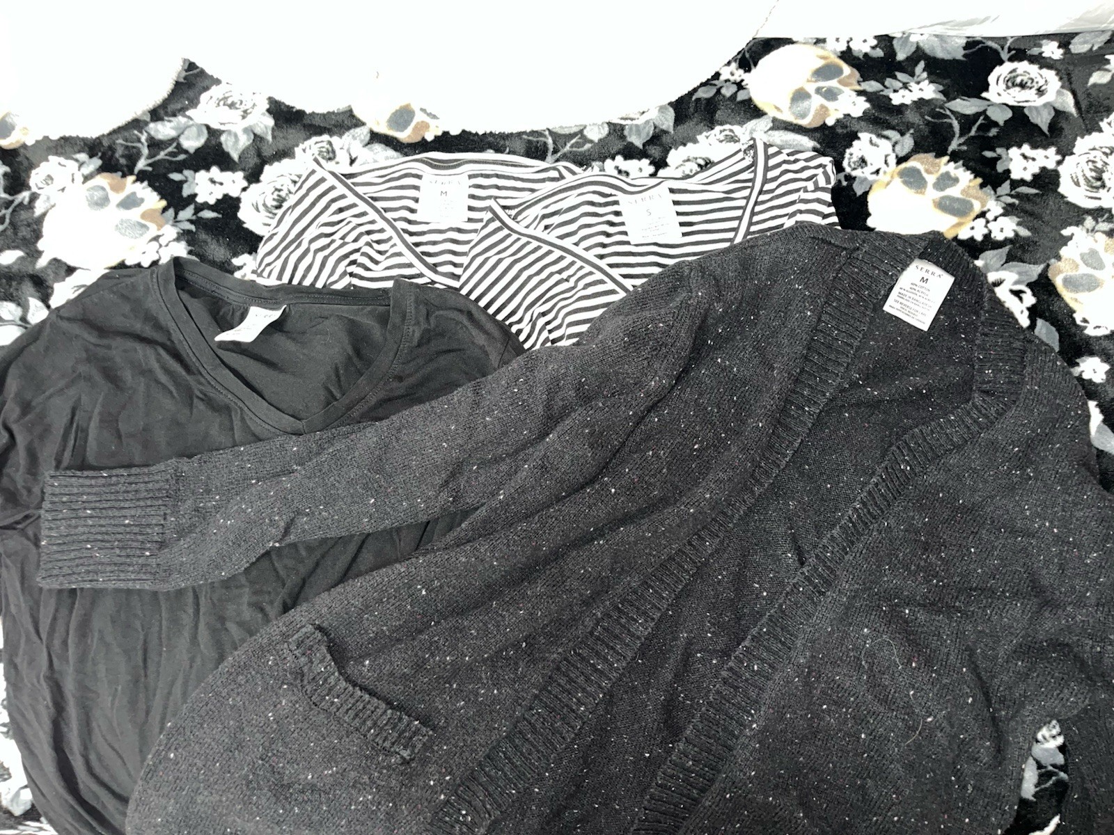 SERRA Mixed Clothing Lot S/M Black & White Striped Tops, Black Cardigan Sweater