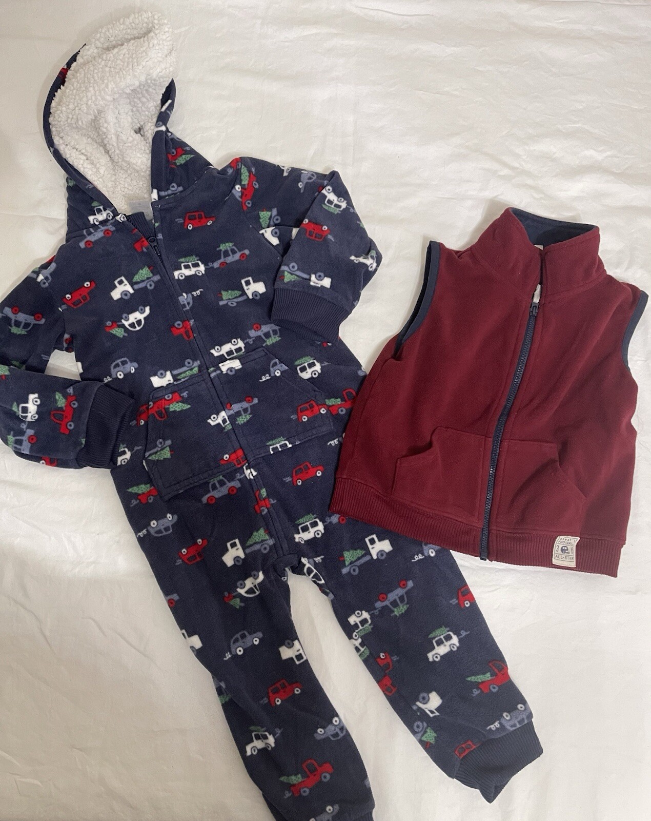Carters Clothing Lot- Baby Boy 24M Maroon Vest & Sleeper Pajama Sherpa Hooded