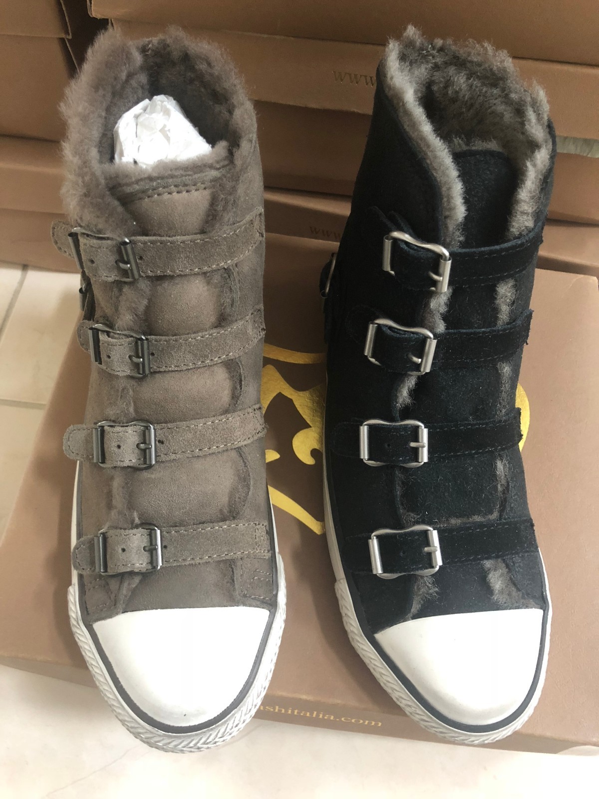 NIB ASH WOMEN&rsquo;S VIRGINY SHEARLING LINEED LEATHER AND SUEDE HIGH TOP SNEAKERS
