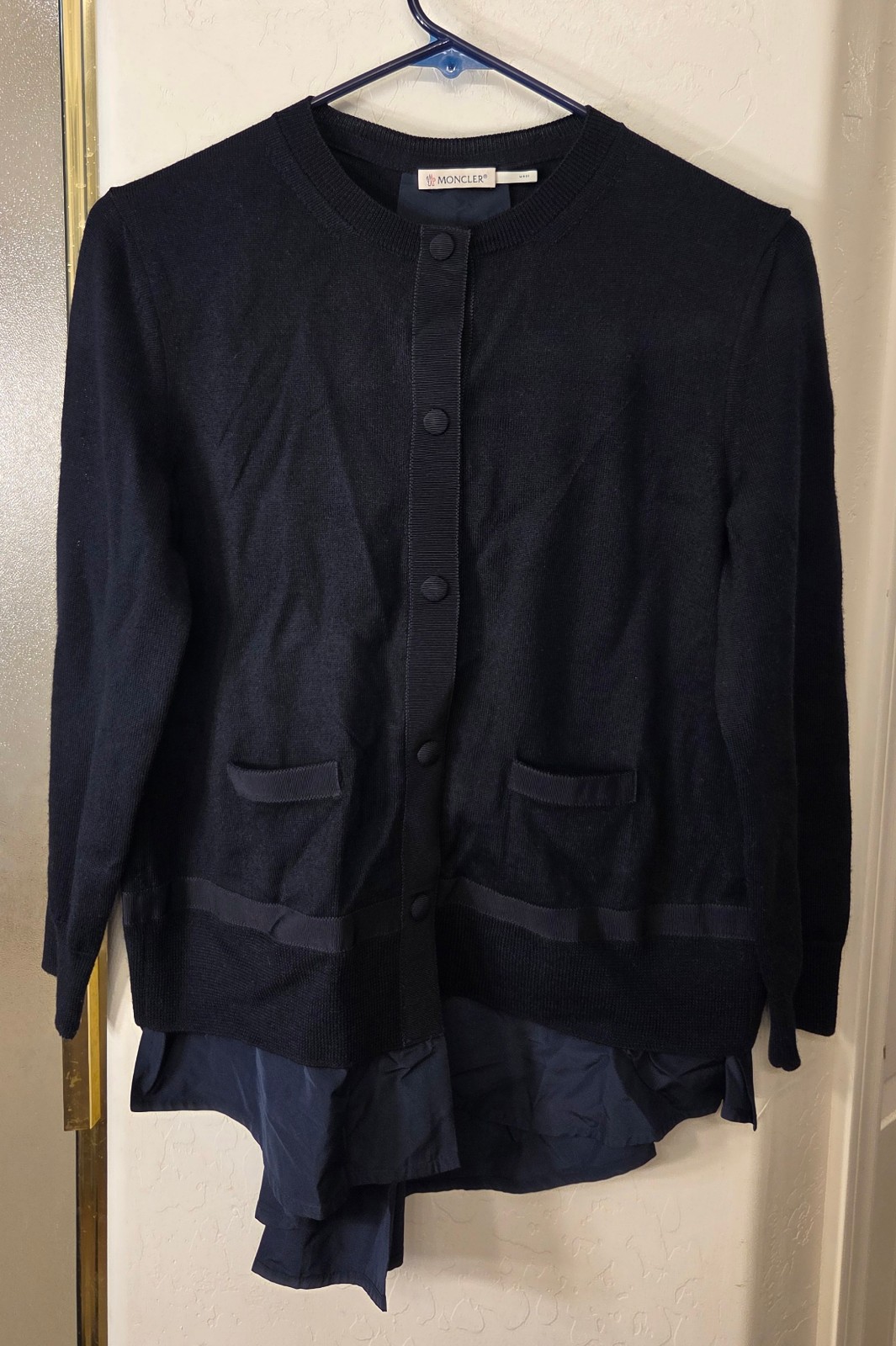 Moncler &lsquo;Maglione Tricot&rsquo; Cardigan Sweater Navy Blue Wool Womens M MSRP $800