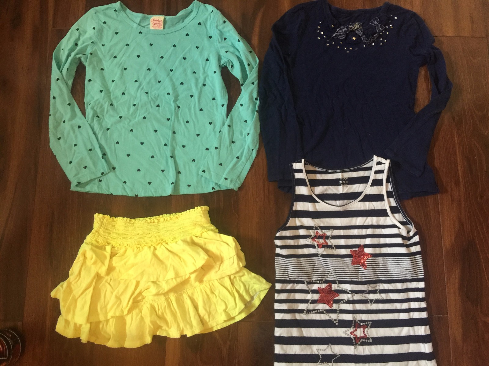 4 piece girls lot JUSTICE hearts YELLOW SKIRT skort TANK TOP striped SIZE 7-8