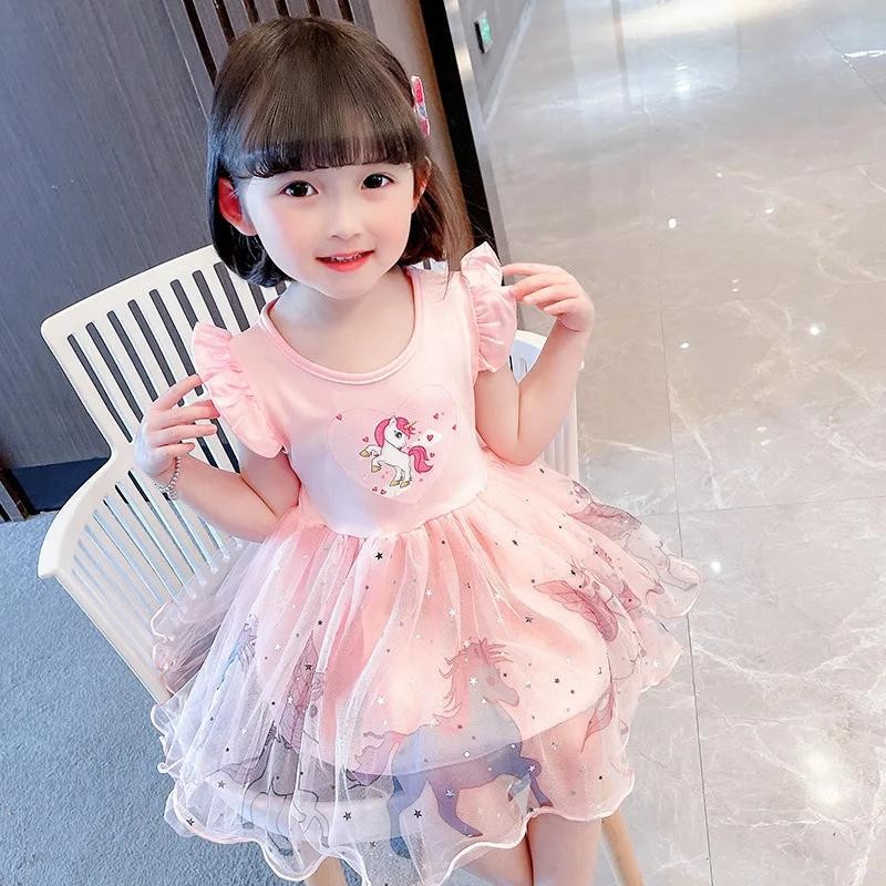 Girls Clothes 2025 New Summer Princess Dresses Flying Sleeve Kids Dress Unicorn