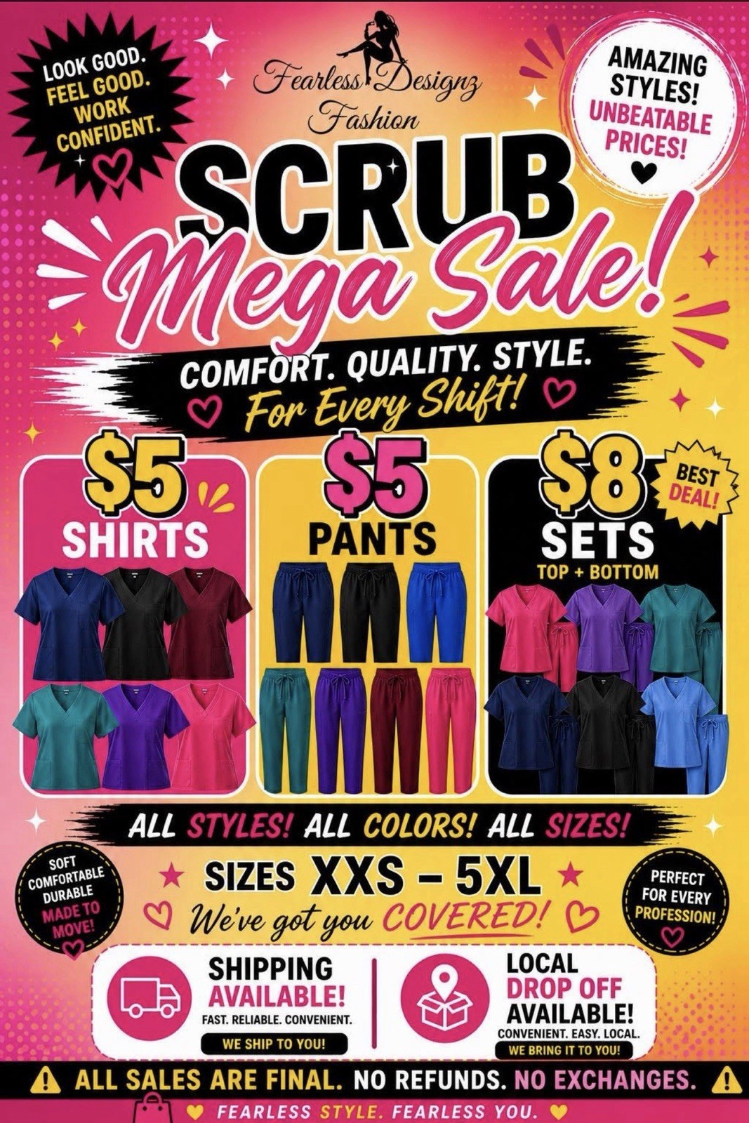 Unisex Adult Scrubs – Tops, Pants, Sets XXS-5XL Multicolor or Solid.