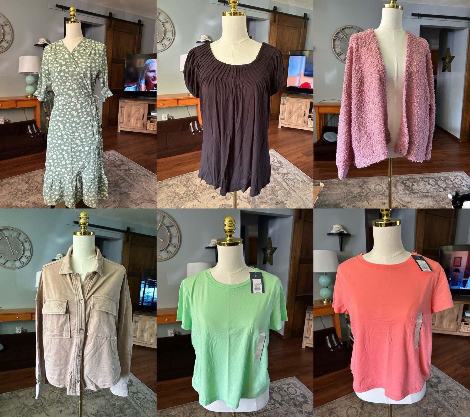 Size Large Wrap Dress T-shirts Cardigan Pink Green Black Tan
