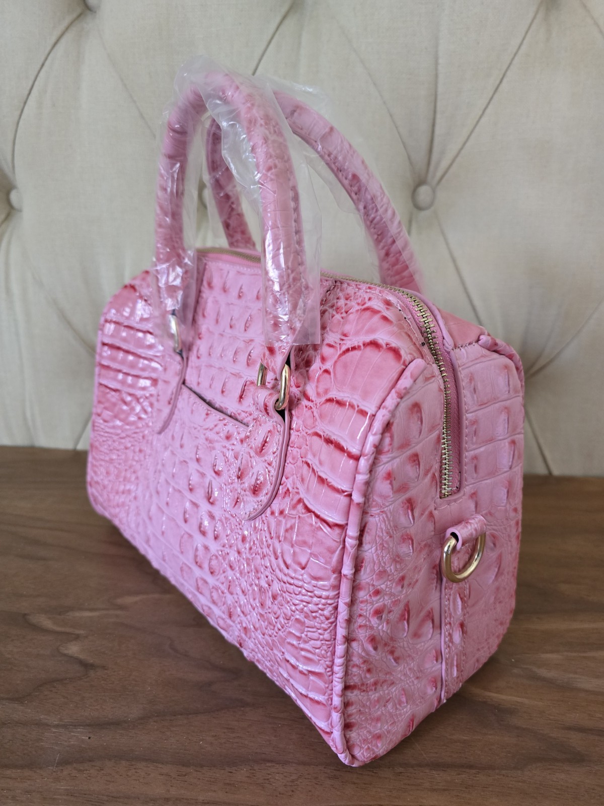 Pink Fashion Bundle – Croc Embossed Handbag, Sandals Size 11 WW & Sunglasses