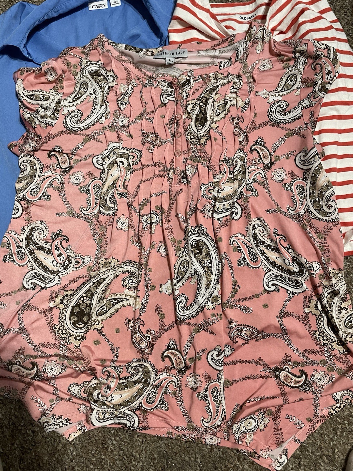 Cato Blue Top L, Southern Lady Pink Paisley Top L, Old Navy Red Top & Shorts L