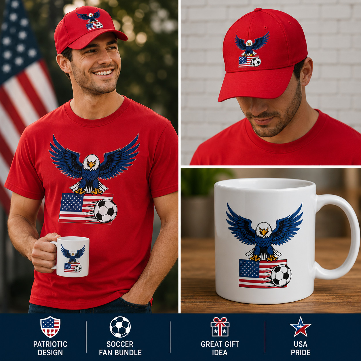 USA Cute Eagle Soccer Gift Set Shirt Cap Mug Bundle American Fan 2026 Package