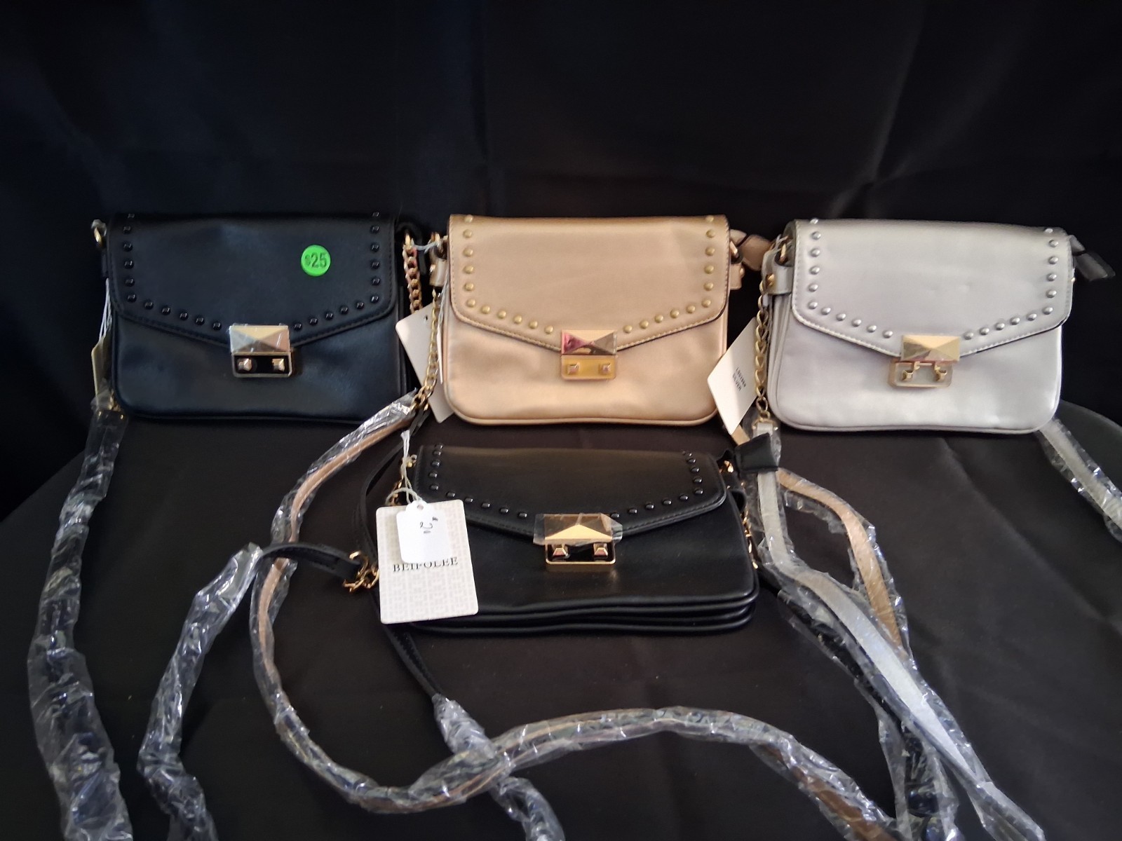 BEIFOLEE Faux Leather Studded Flap Crossbody Lot of 4 Black Beige