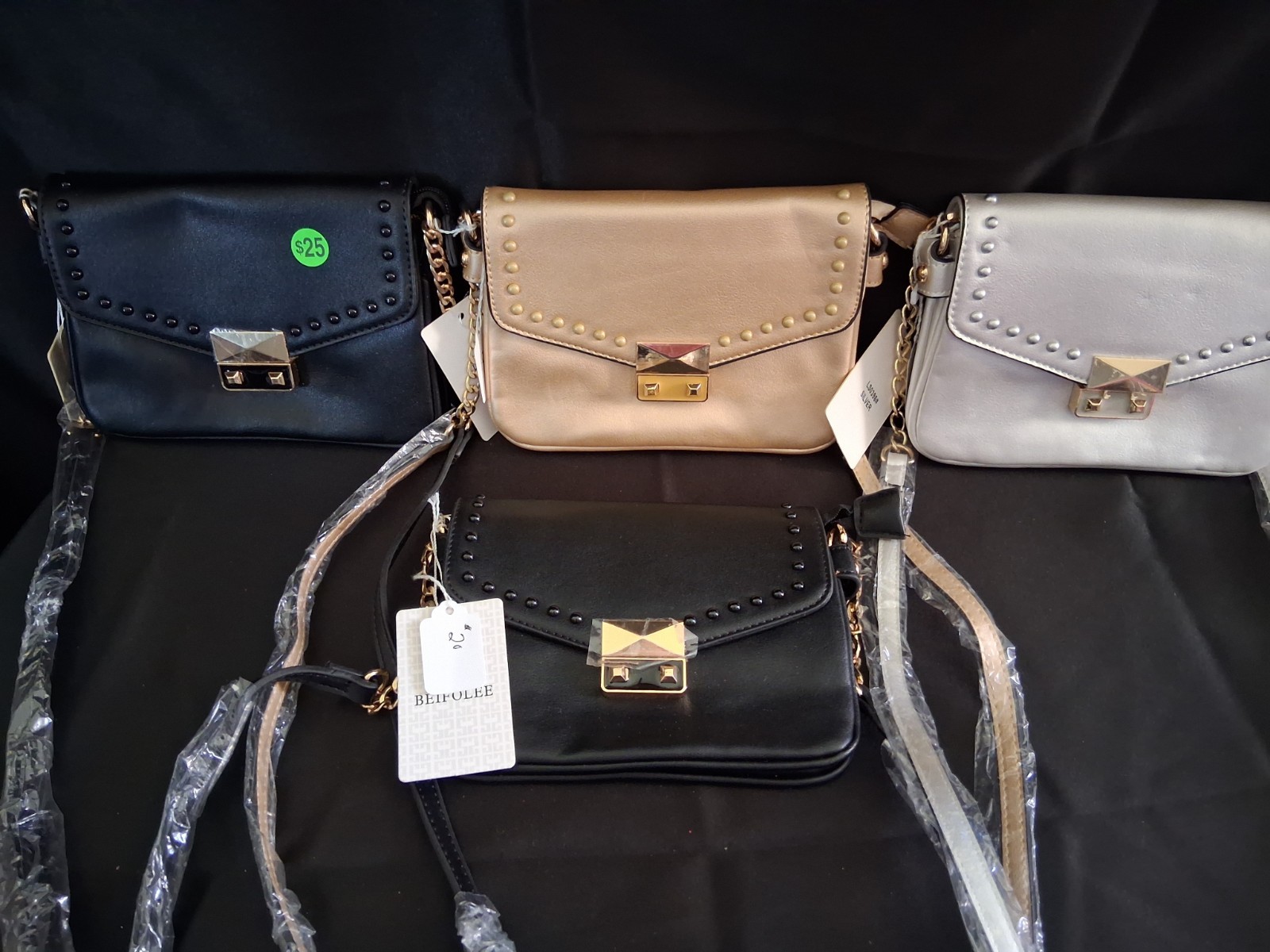 BEIFOLEE Faux Leather Studded Flap Crossbody Lot of 4 Black Beige