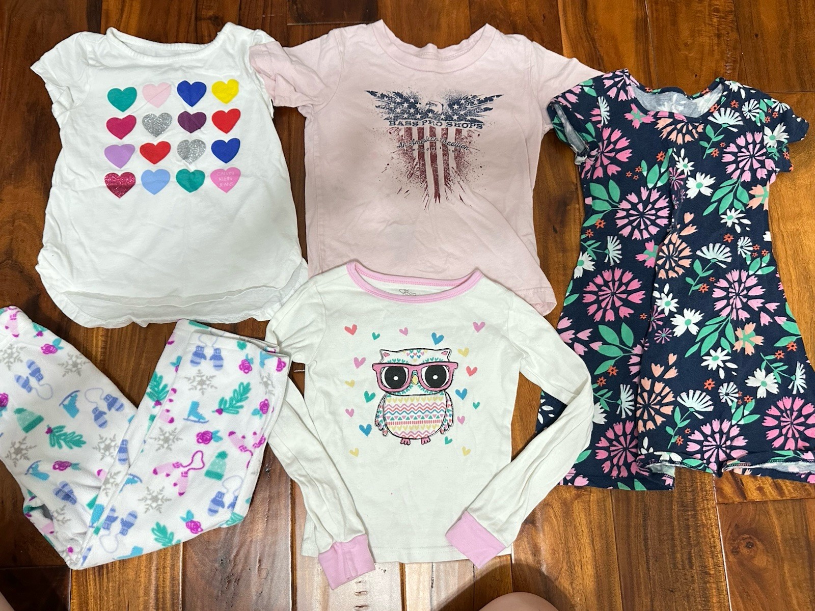 Girls 5 Piece Lot Pajamas Shirts Dress Pants Owl Hearts Flowers Size 4 4T