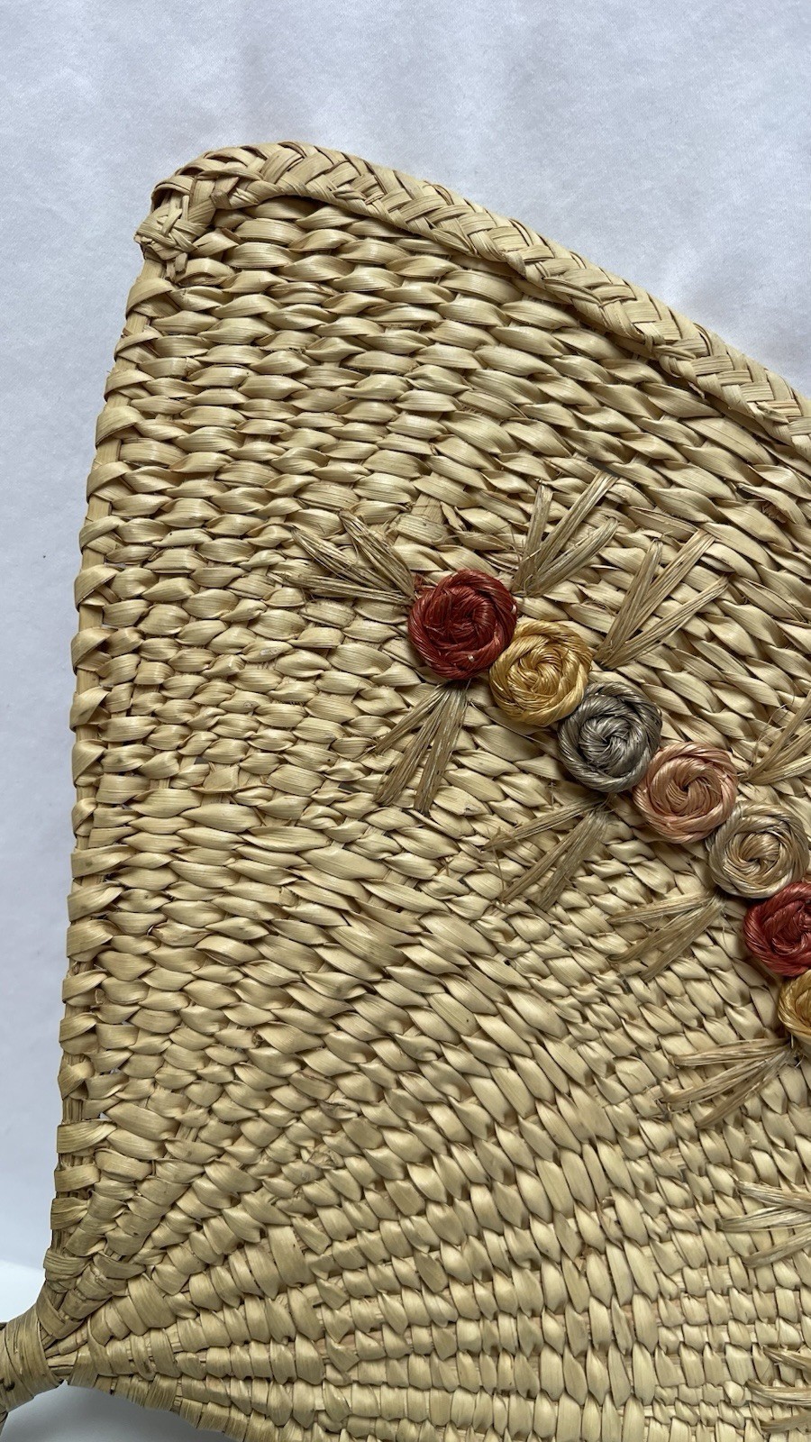 Hand Woven Natural straw Fan W Palm Leaf Flowers Small Loop For Holding