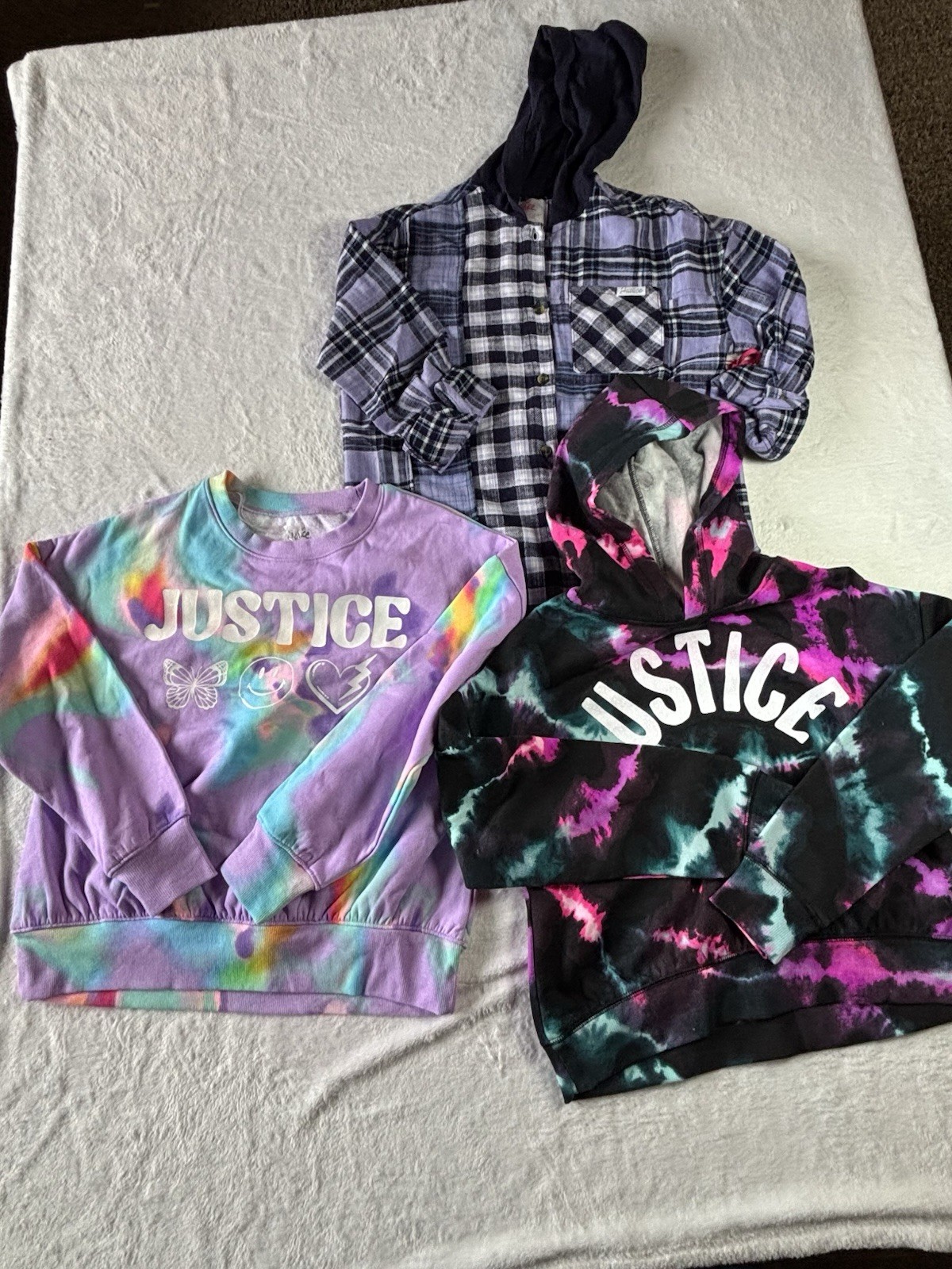 Justice Girls Lot Of 3 Hoodie , Sweatshirt And Purple Plaid Top Size M10 NWT