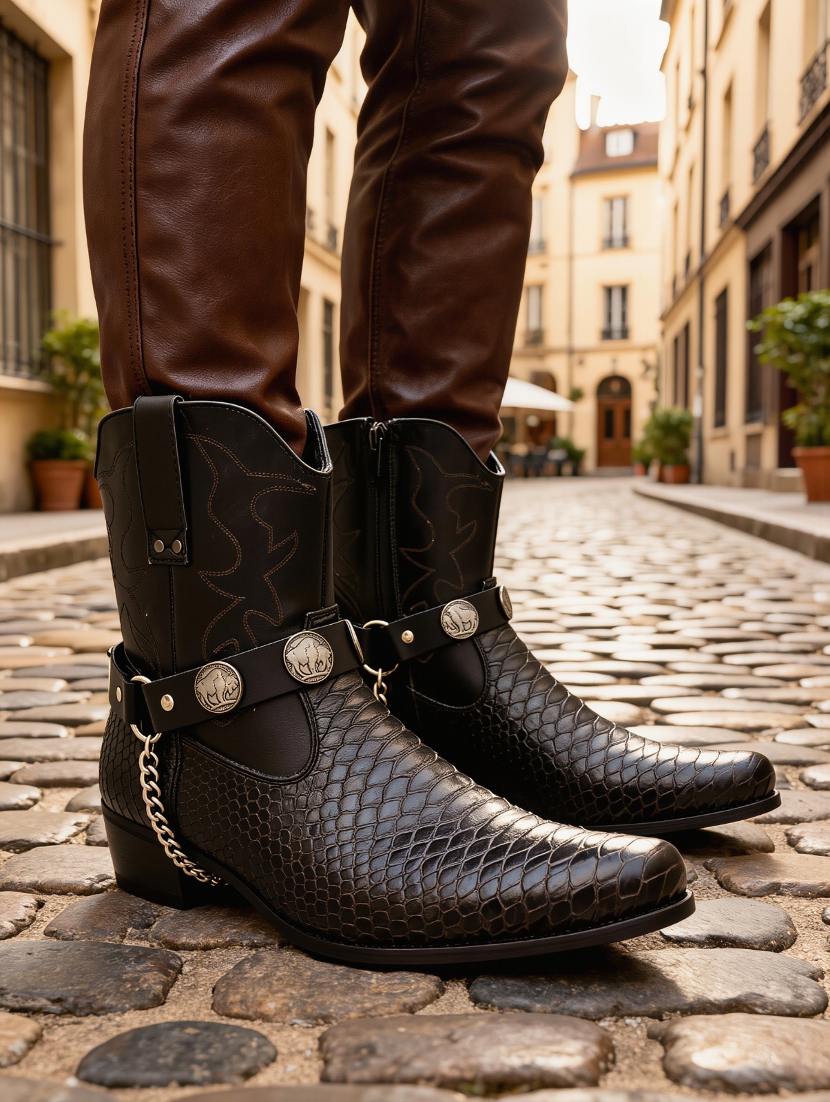 New Men Biker Silver Metal Chain Black Boot Straps Buffalo Charm SET Statement