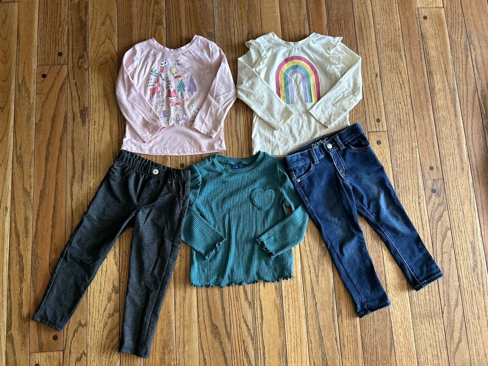 Girl 2-3T Mixed Lot 5 Pieces Jeans & Long Sleeves Shirts Rainbow Animals Owl Fox