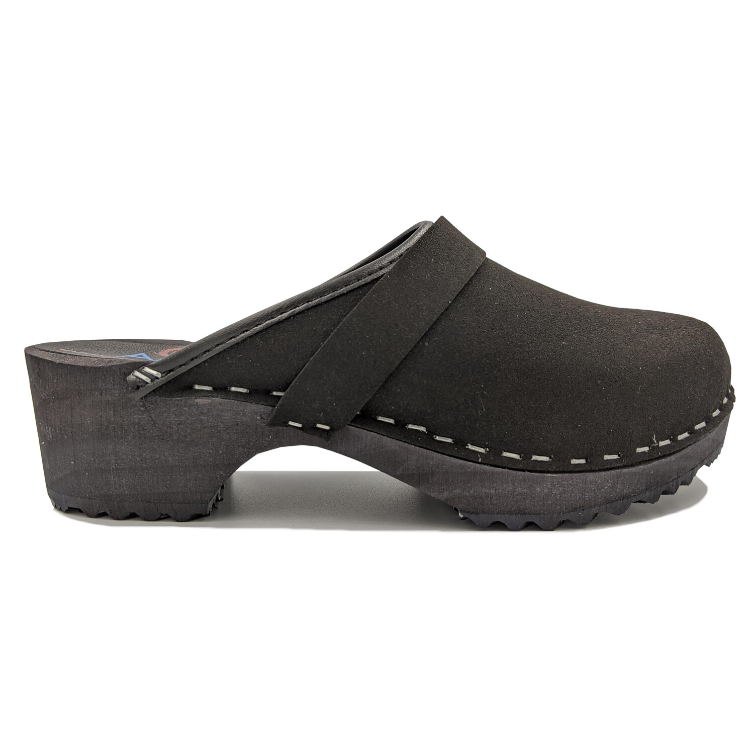 AM-Toffeln Swedish Style Clogs in Black Suede (100) – Wooden Footbed