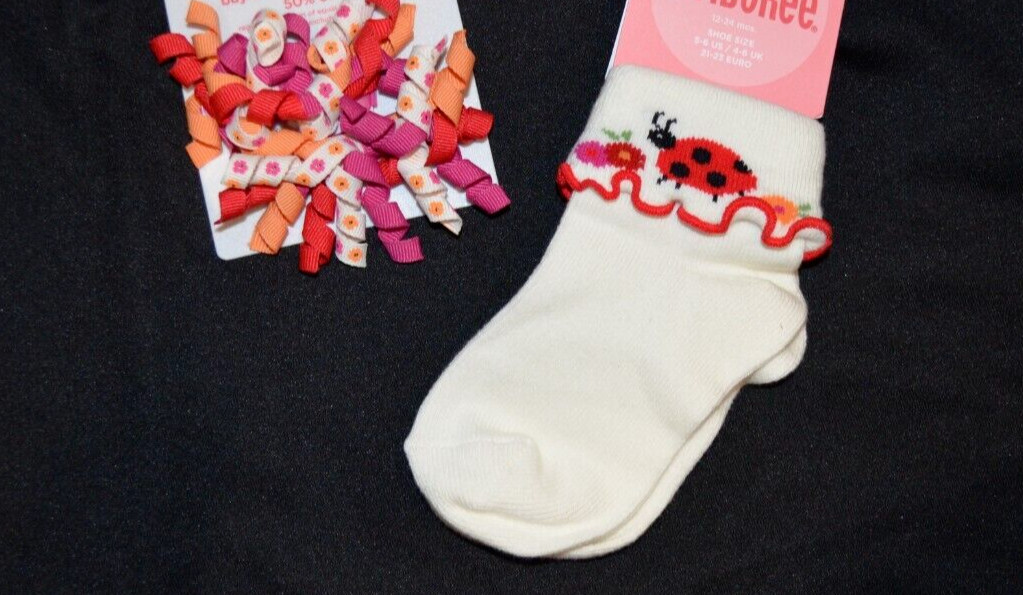 Gymboree FIESTA del SOL Ladybug Socks 12-24 mo & 2 Pk Curly Loop Hair Clips NWT
