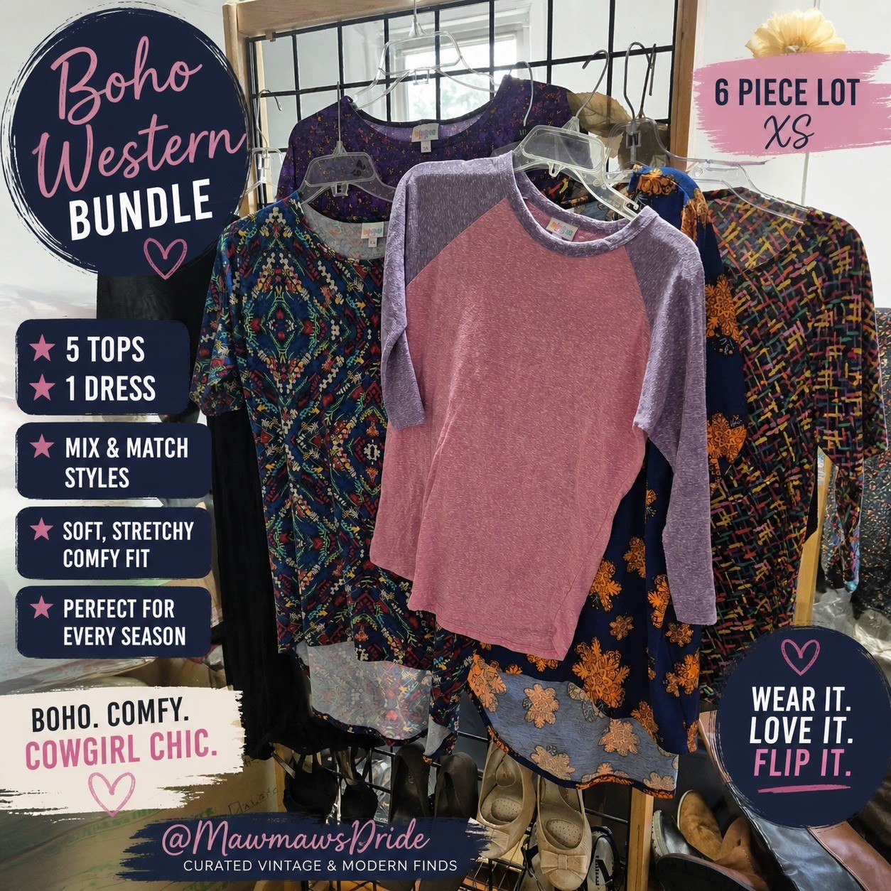 Boho Western Tunic Tops Dress Bundle XS Festival Cowgirl Print Lot Bundle of 6