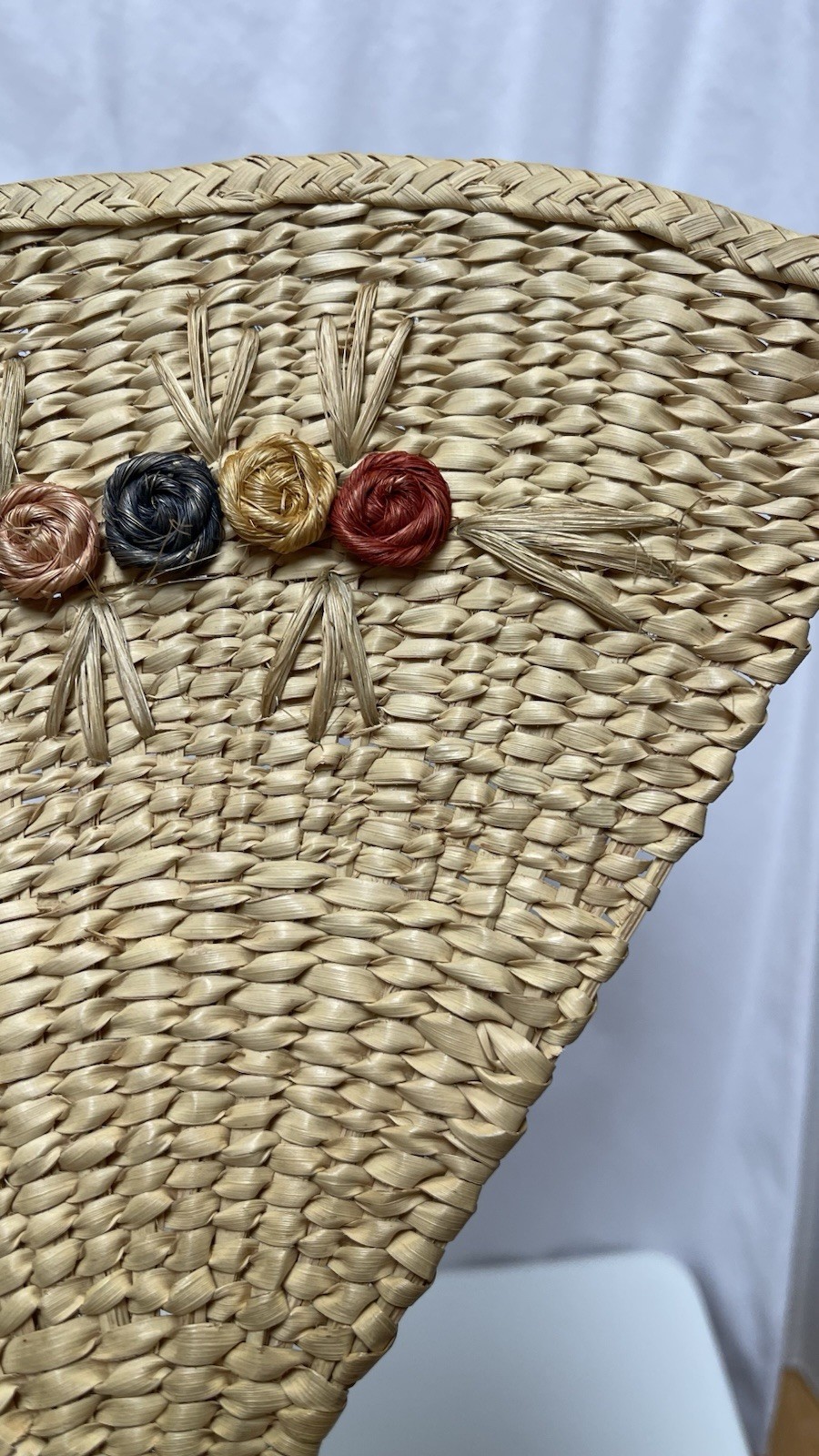 Hand Woven Natural straw Fan W Palm Leaf Flowers Small Loop For Holding