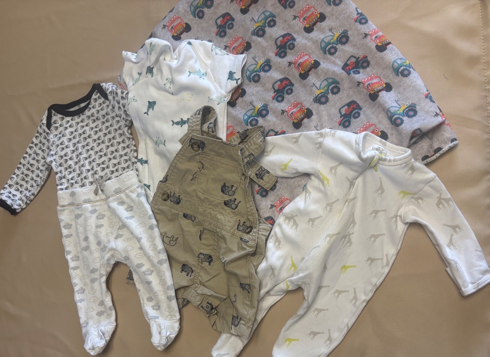 Lot Of 6-Baby Boy Clothes Pants Jumper One Piece Blanket 0-3 Months Cars Animals