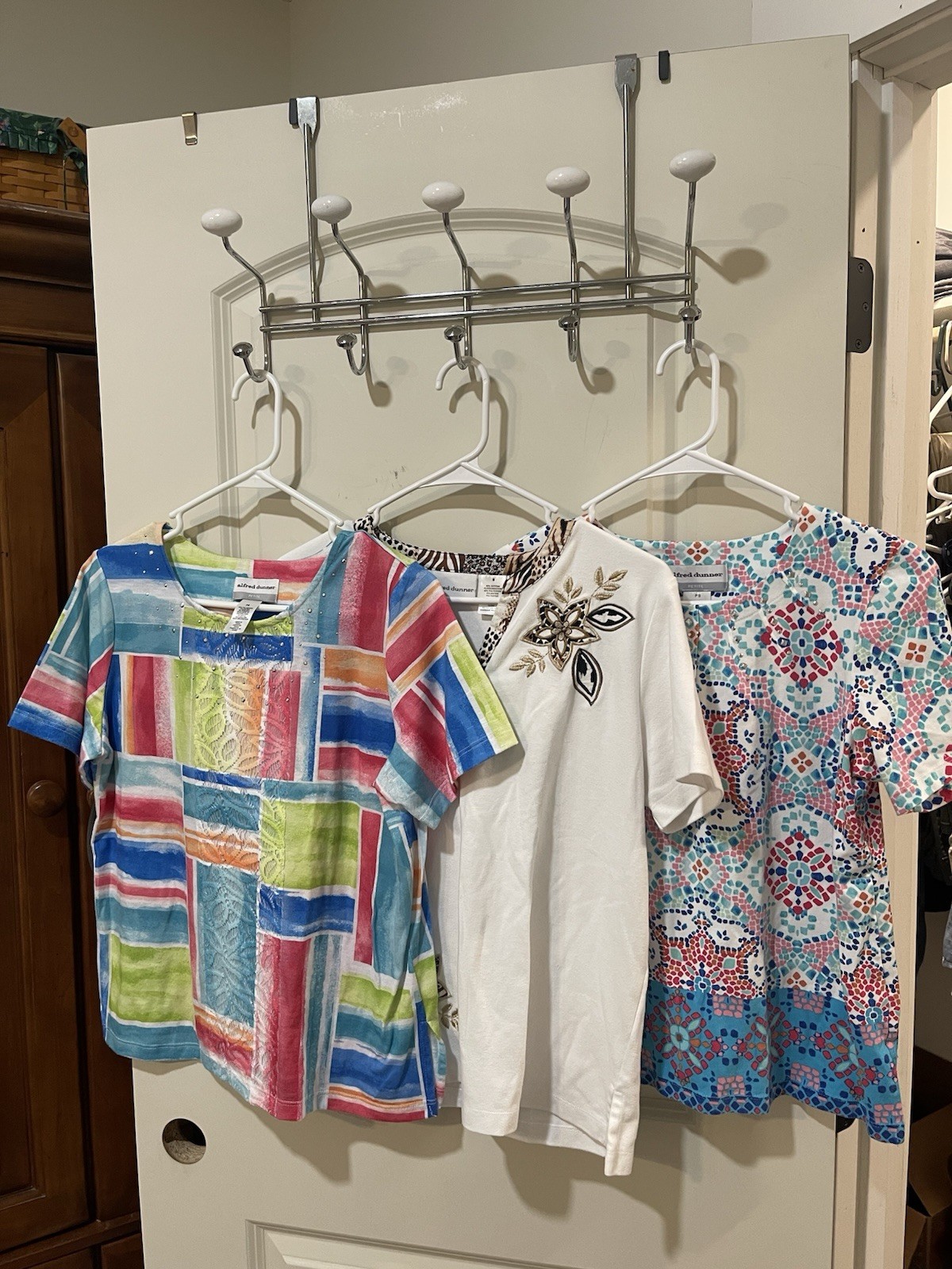 Alfred Dunner 3 Petite Tops PS/S Multicolor/White Geometric Animal Print Cotton