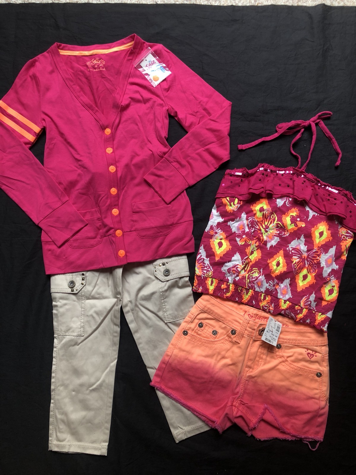 NWT girls sz 10S JUSTICE pink orange tube top, cardigan, jeggings & denim shorts