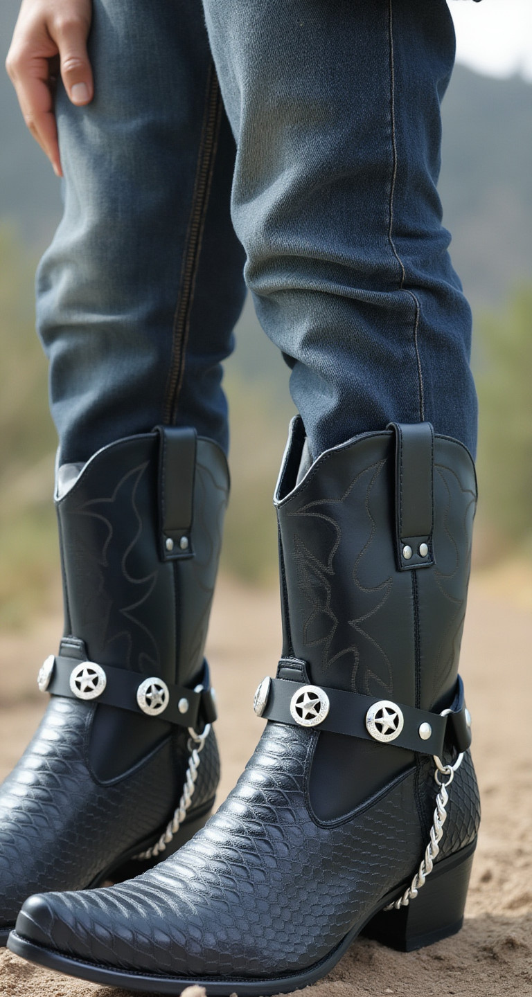 Men Boot Biker Metal Chain Black Faux Leather 2 Straps Texas Lone Star Charms
