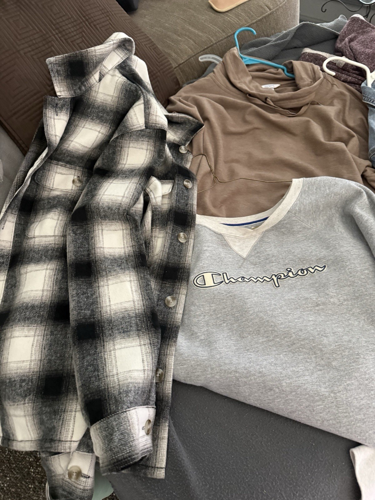 Champion Gray Sweatshirt, Plaid Shirt, Brown Top Mixed Clothing Lot Unisex