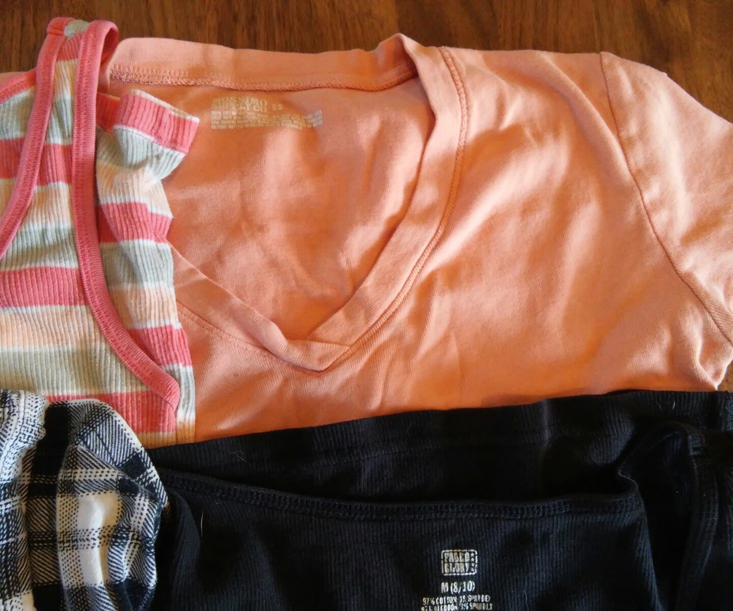 Lot of 4 Shirts and Tank Tops Plaid Black Coral Striped Size S + M