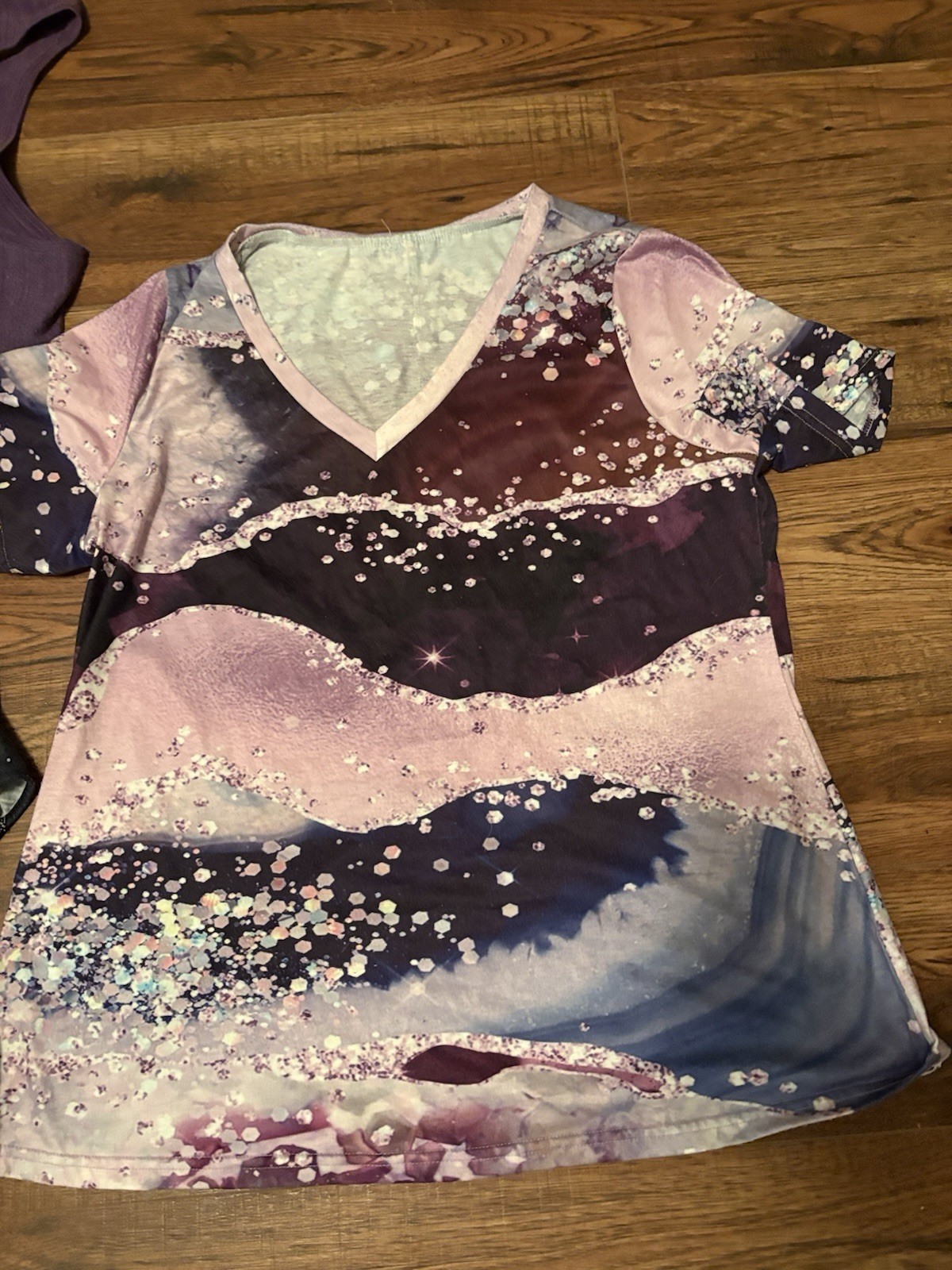 Lot of 3 Women’s Sz XXL/1XL: SS Tops/shirts,1 SS Solid Purple, 1 Marble, Floral
