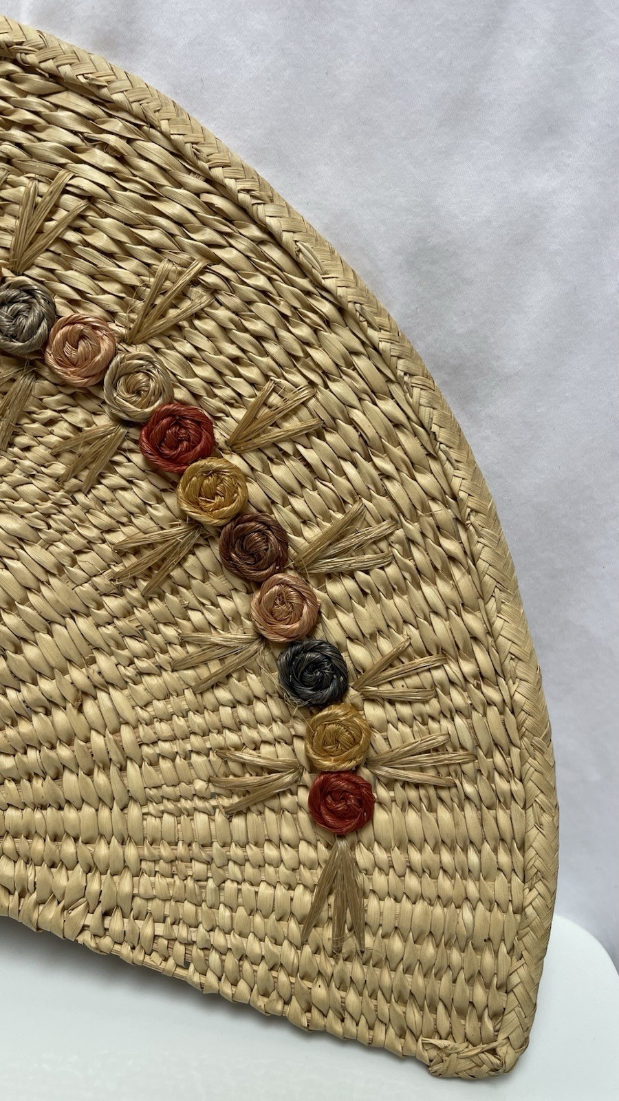 Hand Woven Natural straw Fan W Palm Leaf Flowers Small Loop For Holding