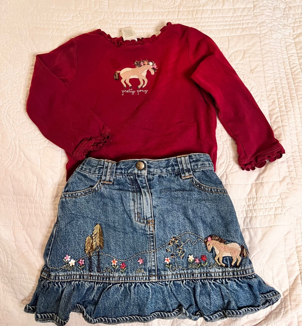 GYMBOREE Girls Denim Skirt & Top Pretty Pony Horse Size 3