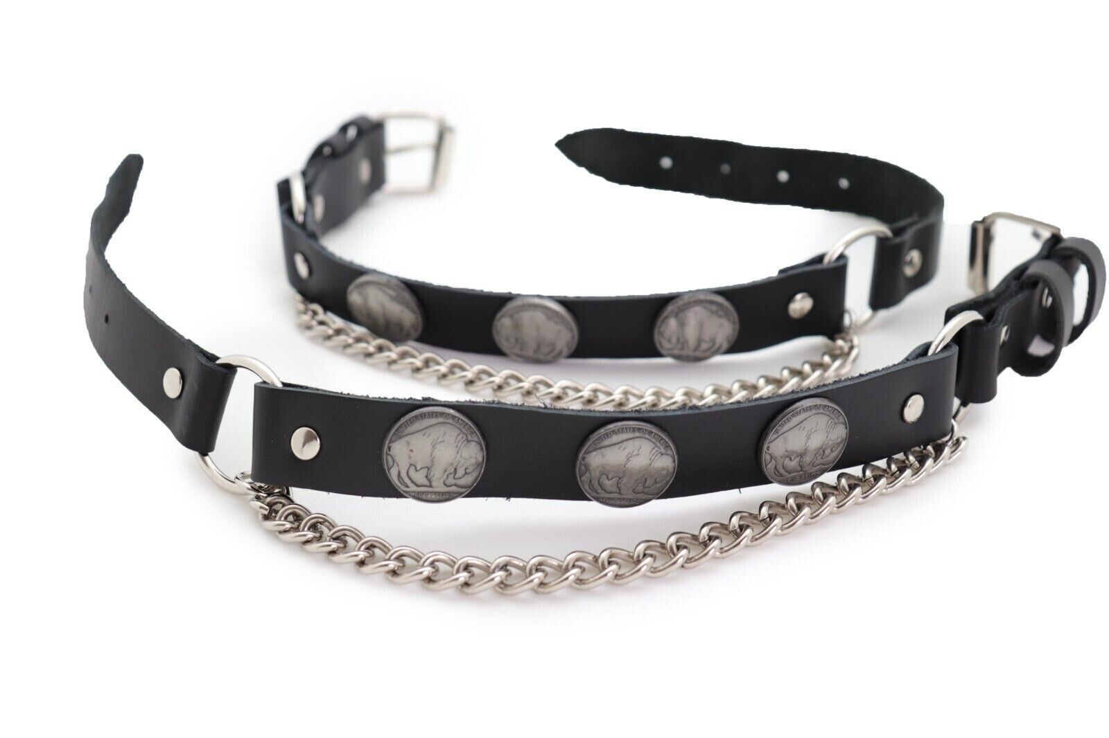 New Men Biker Silver Metal Chain Black Boot Straps Buffalo Charm SET Statement