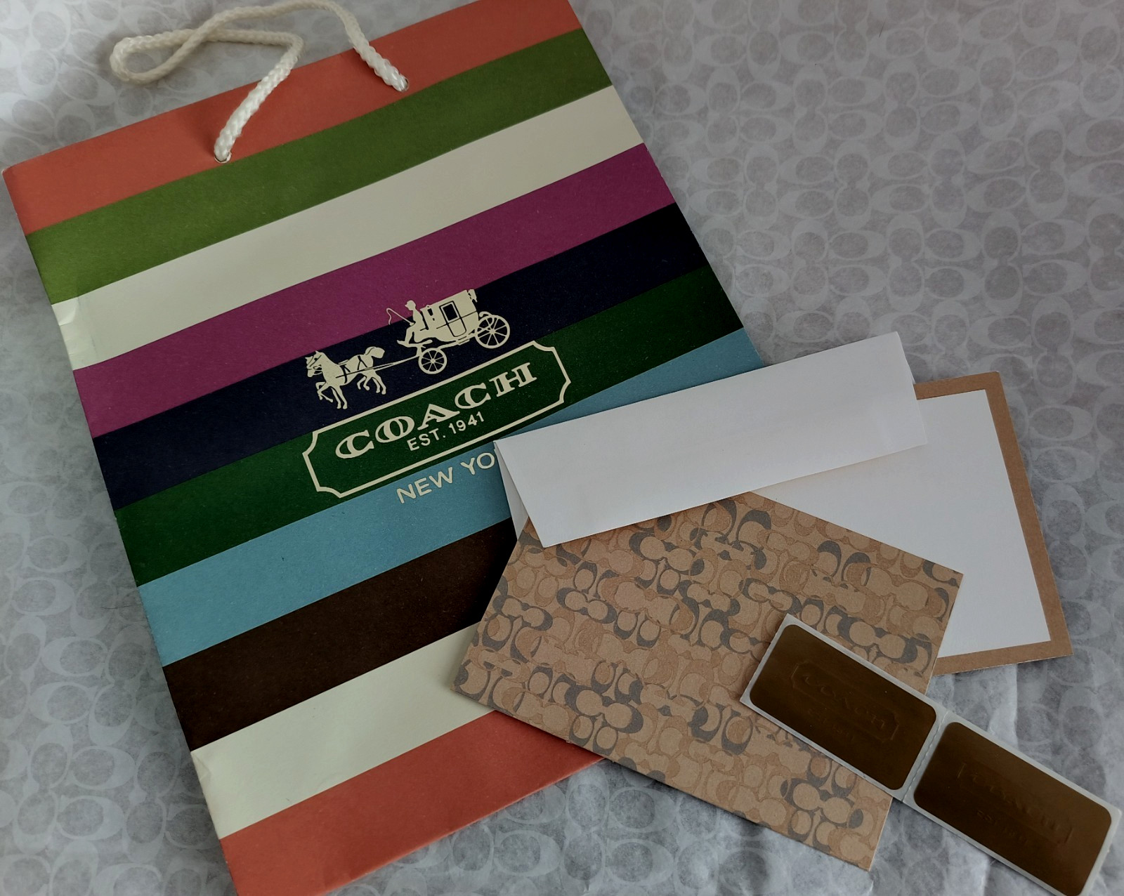 NEW COACH LEGACY STRIPE PAPER BAG 8 X 10 GIFT SET TISSUE CARD & STICKERS
