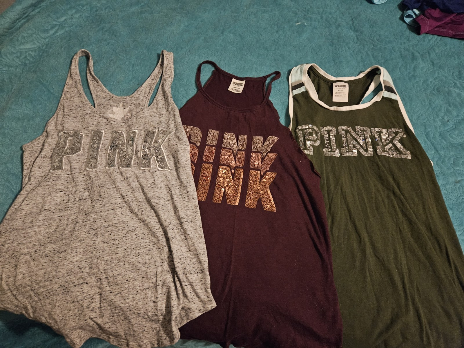 PINK Women’s Sequin Logo Tank Tops Lot of 3 Multicolor Cotton Blend Xs & Small