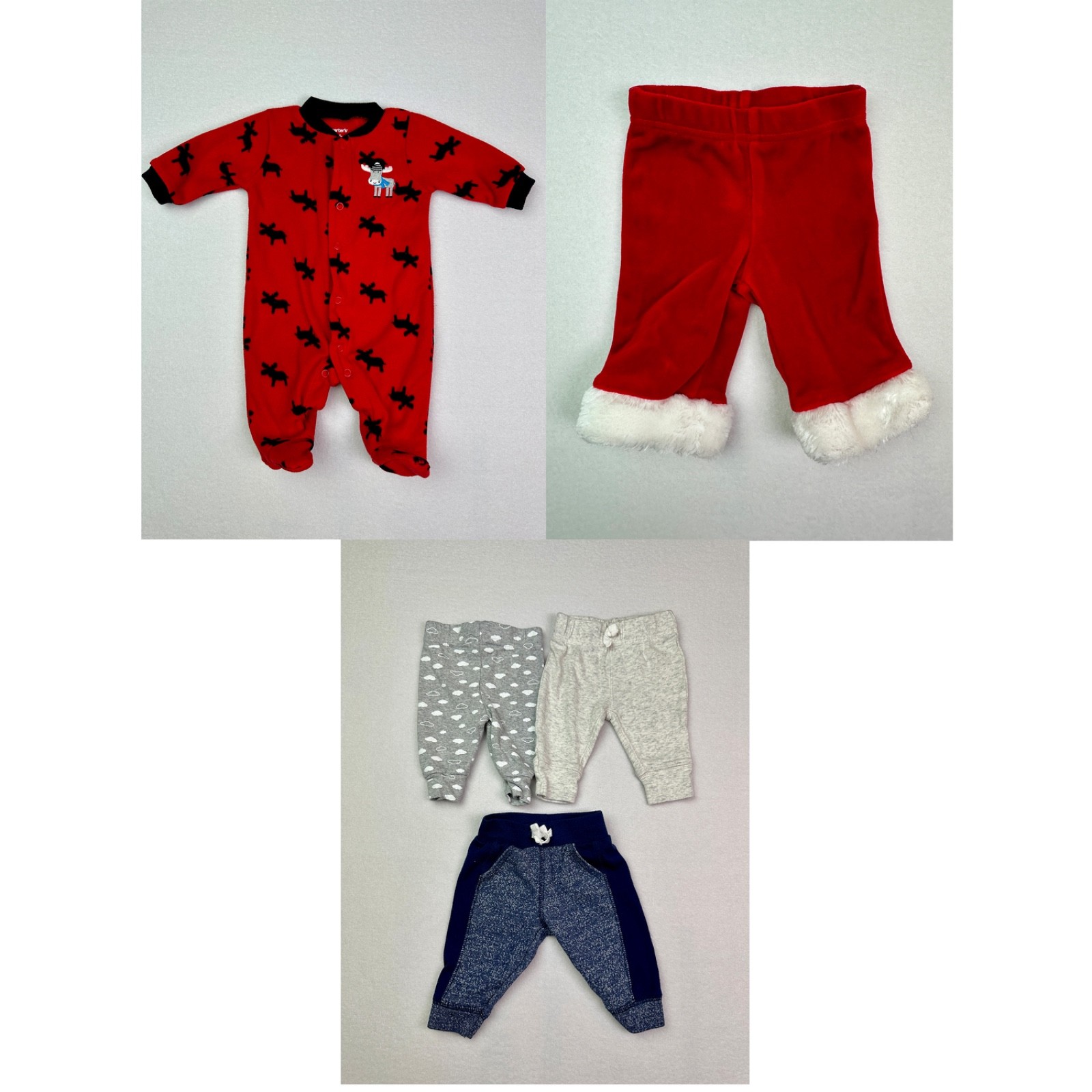 Lot of 5 Newborn Baby Boy Clothes, Christmas/Santa and 3 regular pants