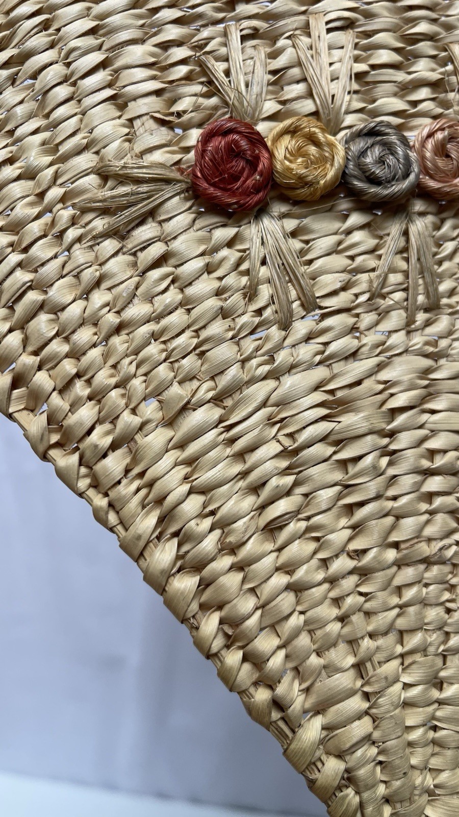 Hand Woven Natural straw Fan W Palm Leaf Flowers Small Loop For Holding