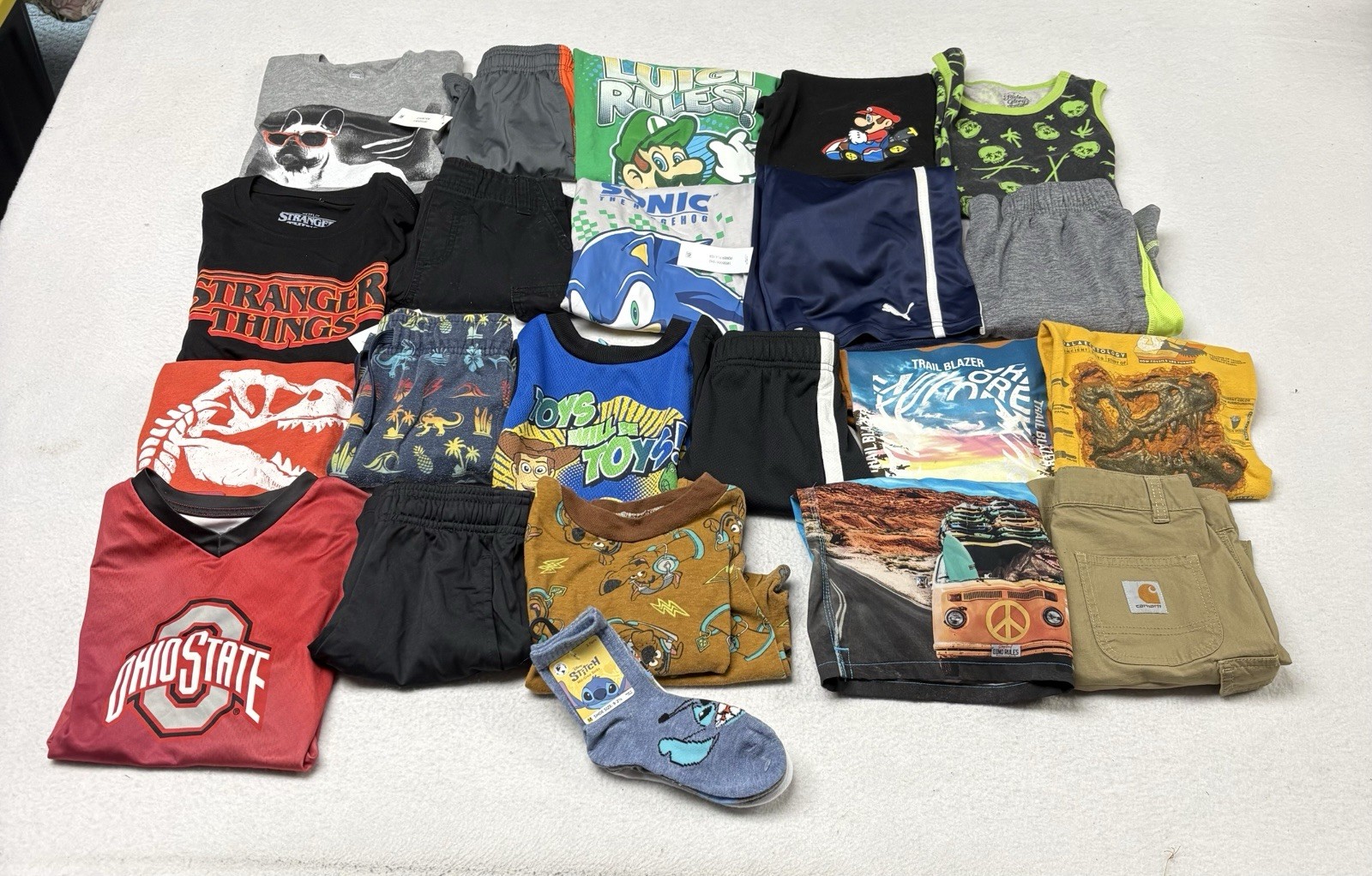 Lot Of Boys Clothes Size 6, 6/7 Puma Sonic Mario Carhartt Dinosaurs
