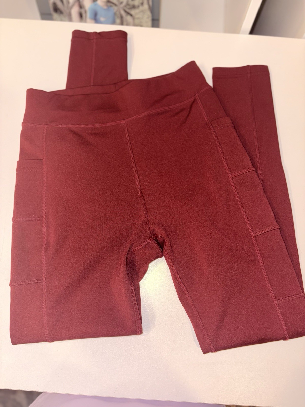 High-Waisted Burgundy Athletic Leggings — Side Pockets — Approx. Size S