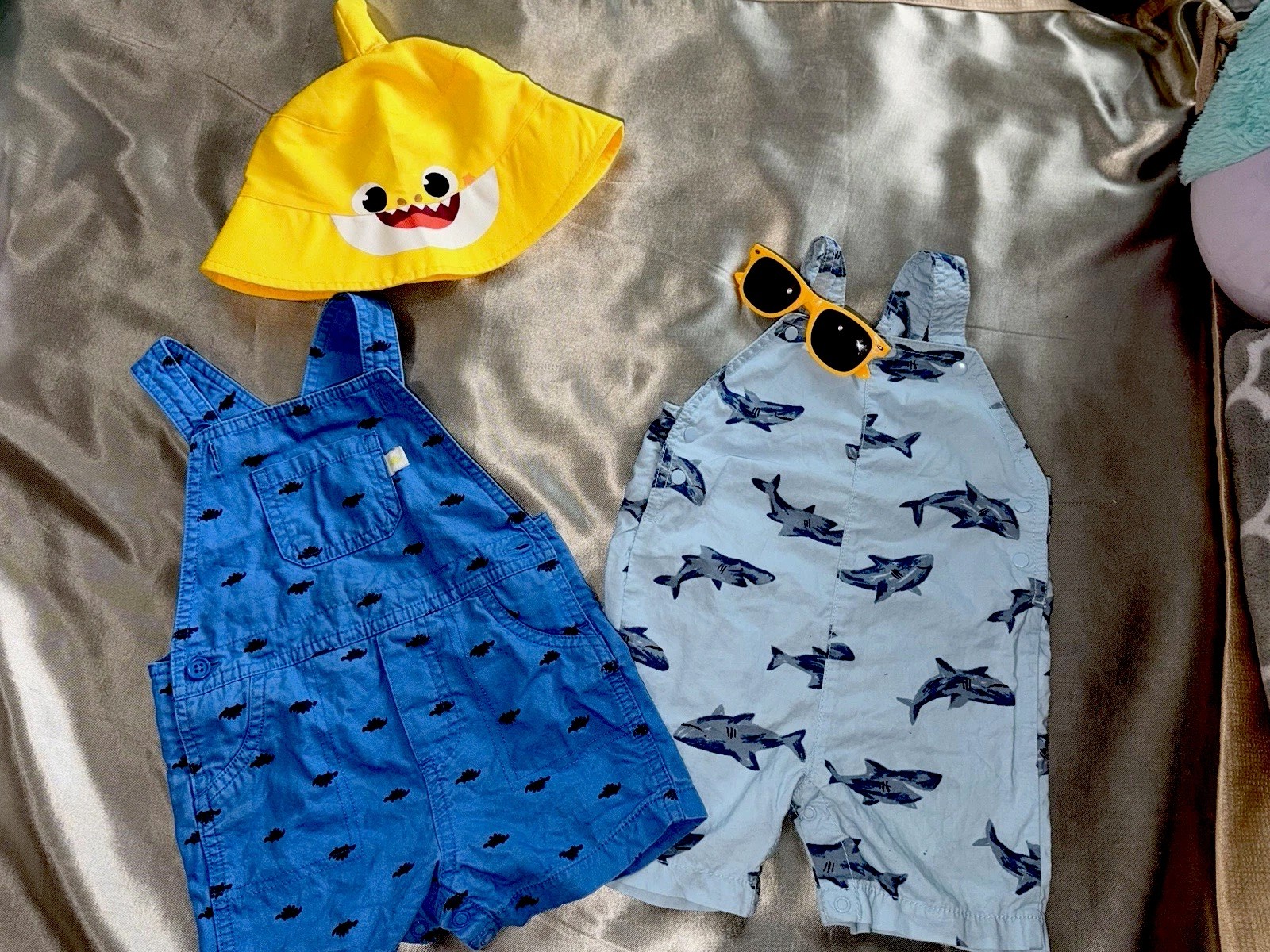 Baby Boy 12M Shark Print Cotton Summer Lot: 2 Rompers, Hat & Sunglasses