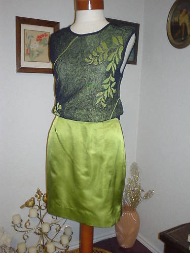 Laurel Spring Green Sweater Top Blouse & Silk Skirt 2 Piece Outfit size 38 4