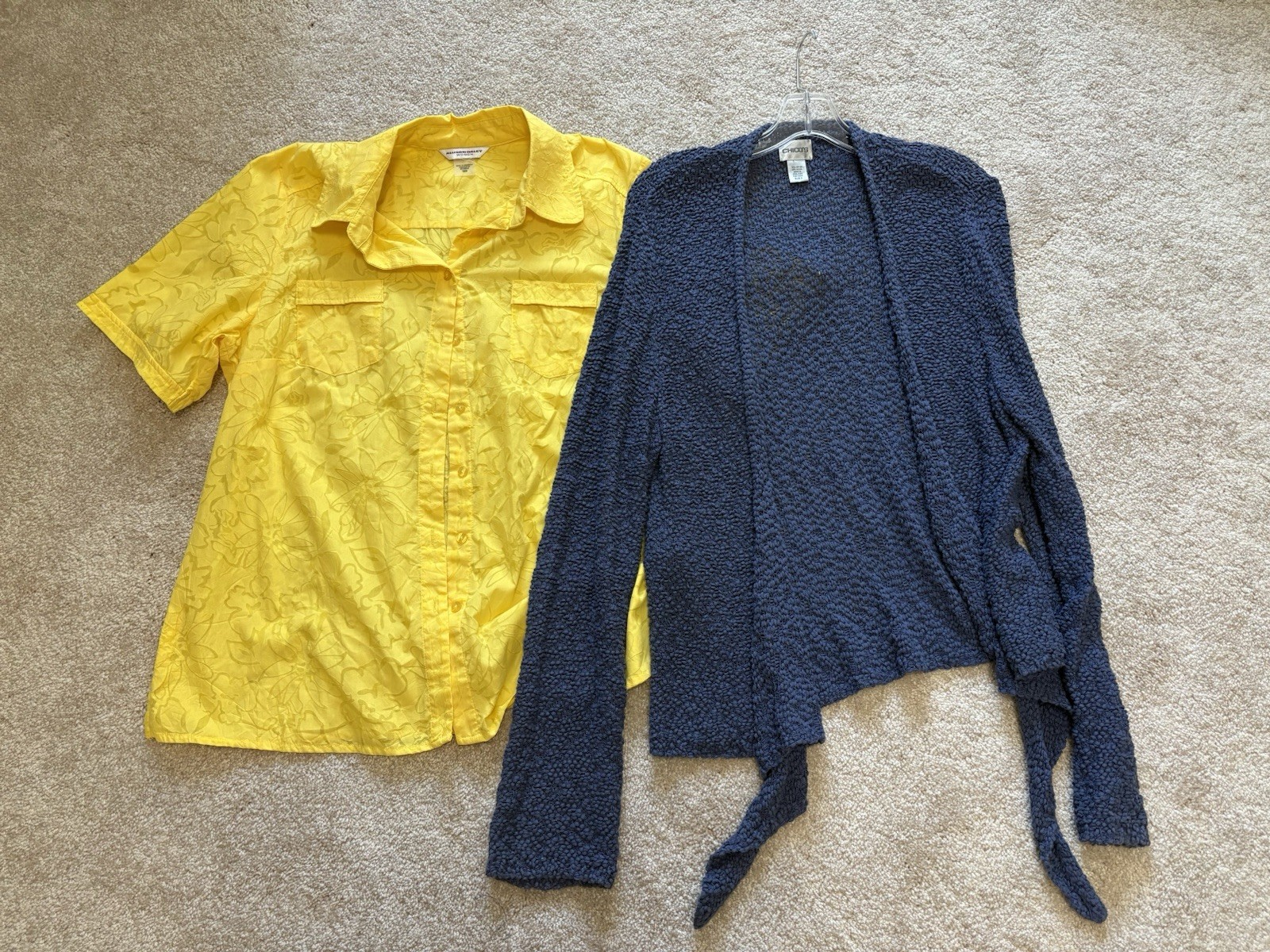 Chicos size 3 navy cardigan sweater Allison Daley yellow foral button blouse 16W