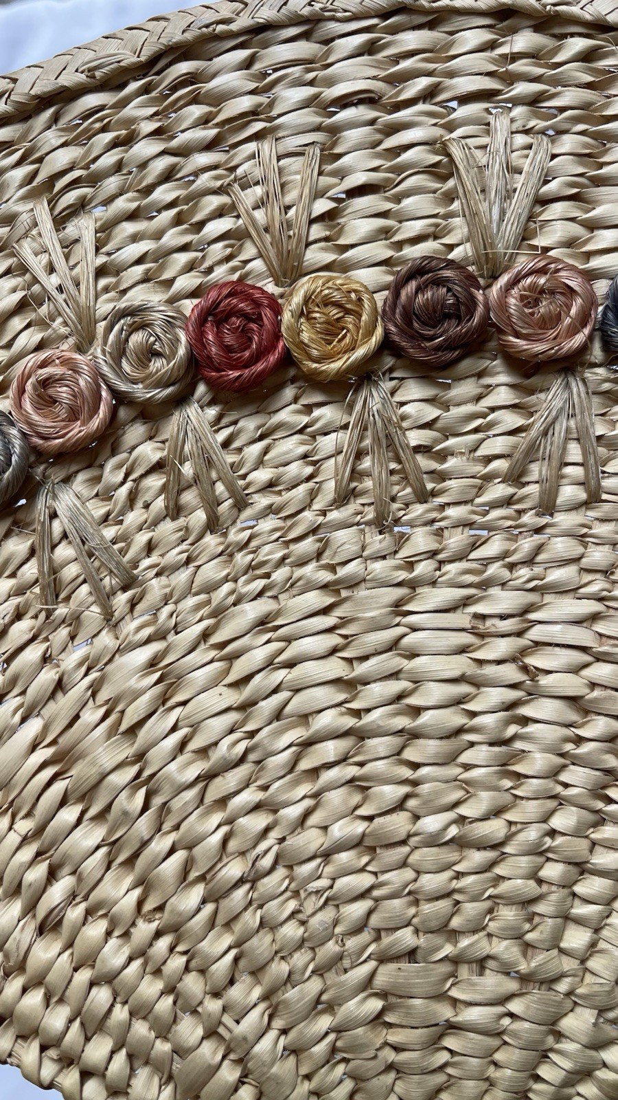 Hand Woven Natural straw Fan W Palm Leaf Flowers Small Loop For Holding