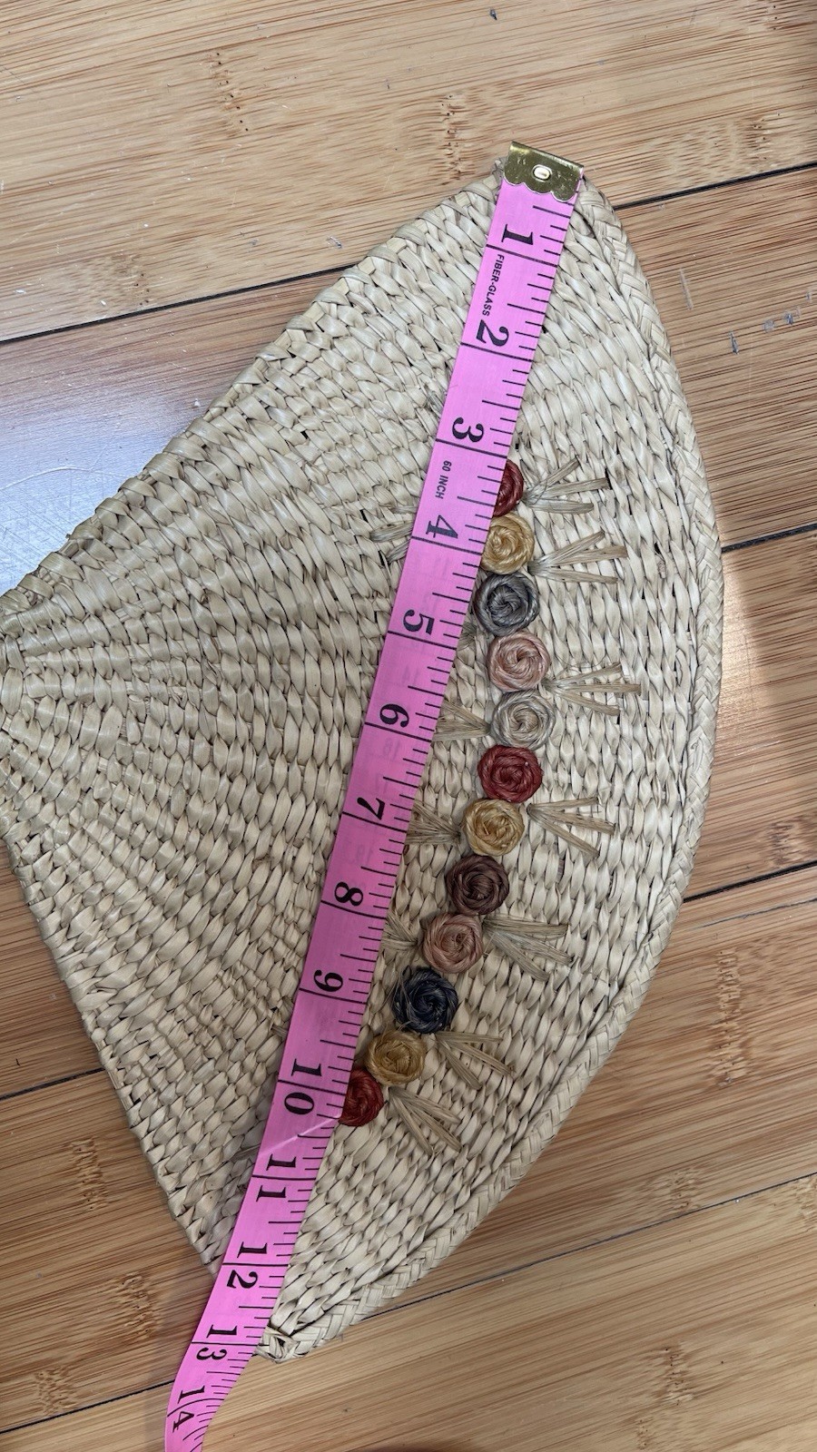 Hand Woven Natural straw Fan W Palm Leaf Flowers Small Loop For Holding