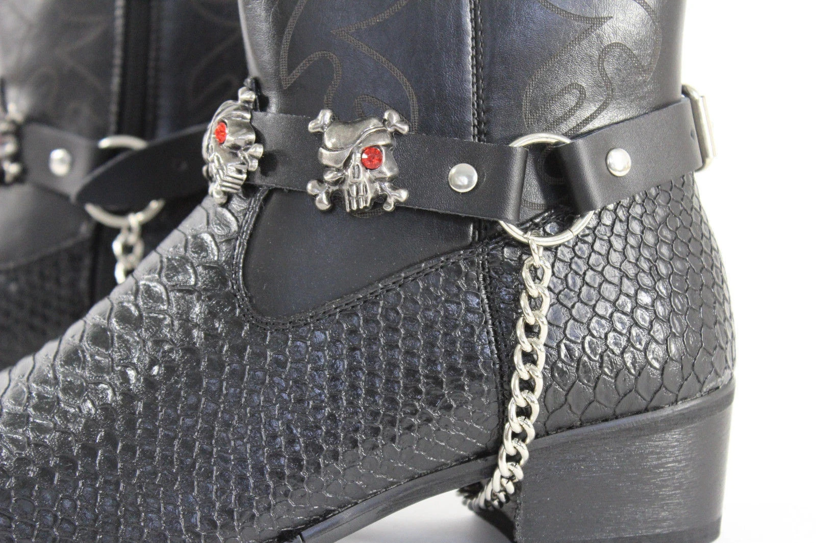 Men 2PCS Boot Straps Silver Chain Pair Black Faux Leather Pirate Skull Charms