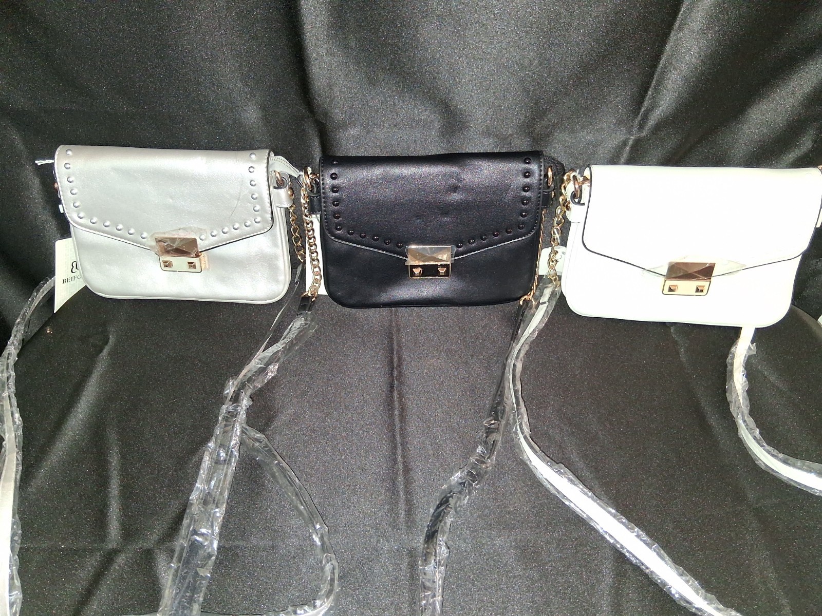 BEIFOLEE Faux Leather Studded Flap Crossbody Lot of 4 Black Beige