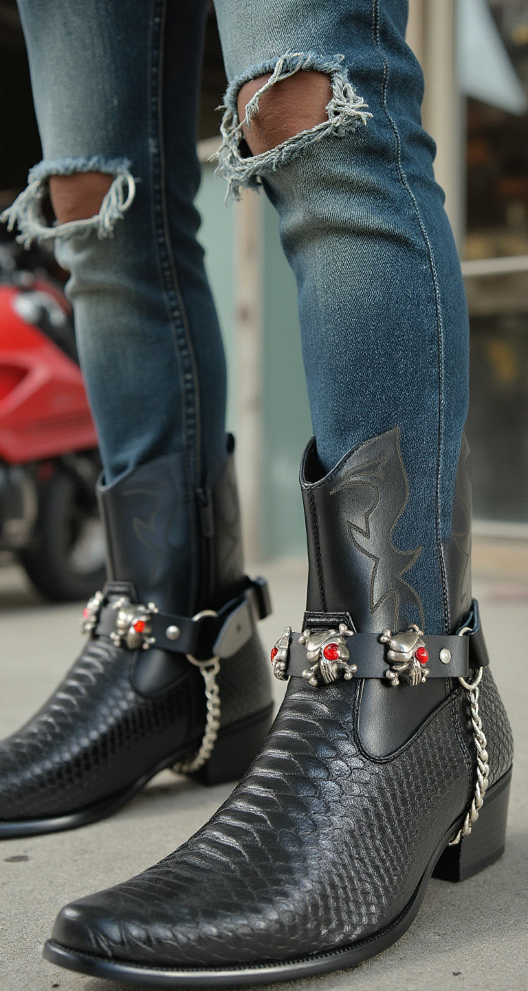 Men Boot Straps Silver Chain Pair Black Faux Leather Bands Pirate Skull Charms