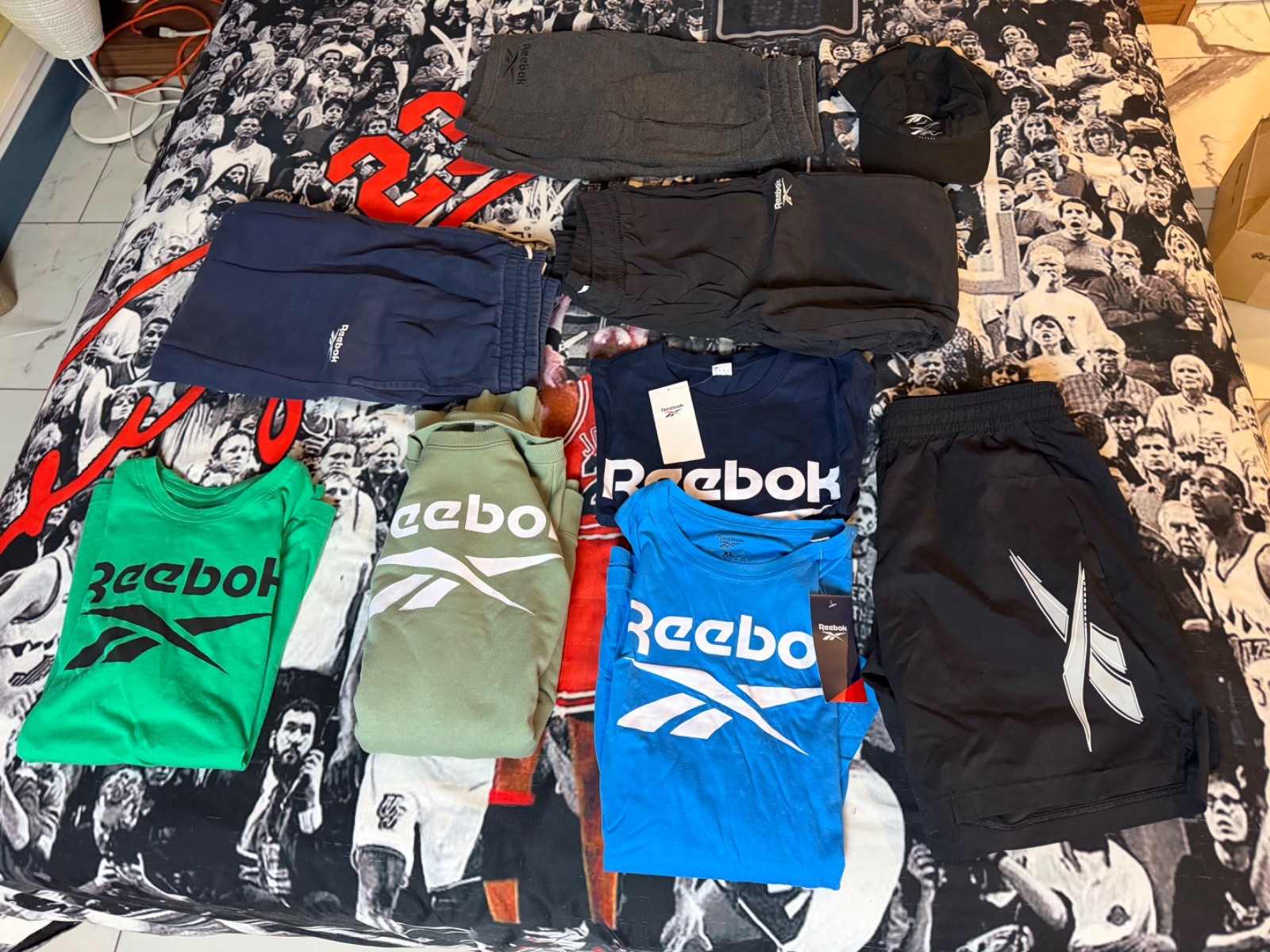 Reebok lot of NEW + USED shirts, shorts, pants, hat, sweats