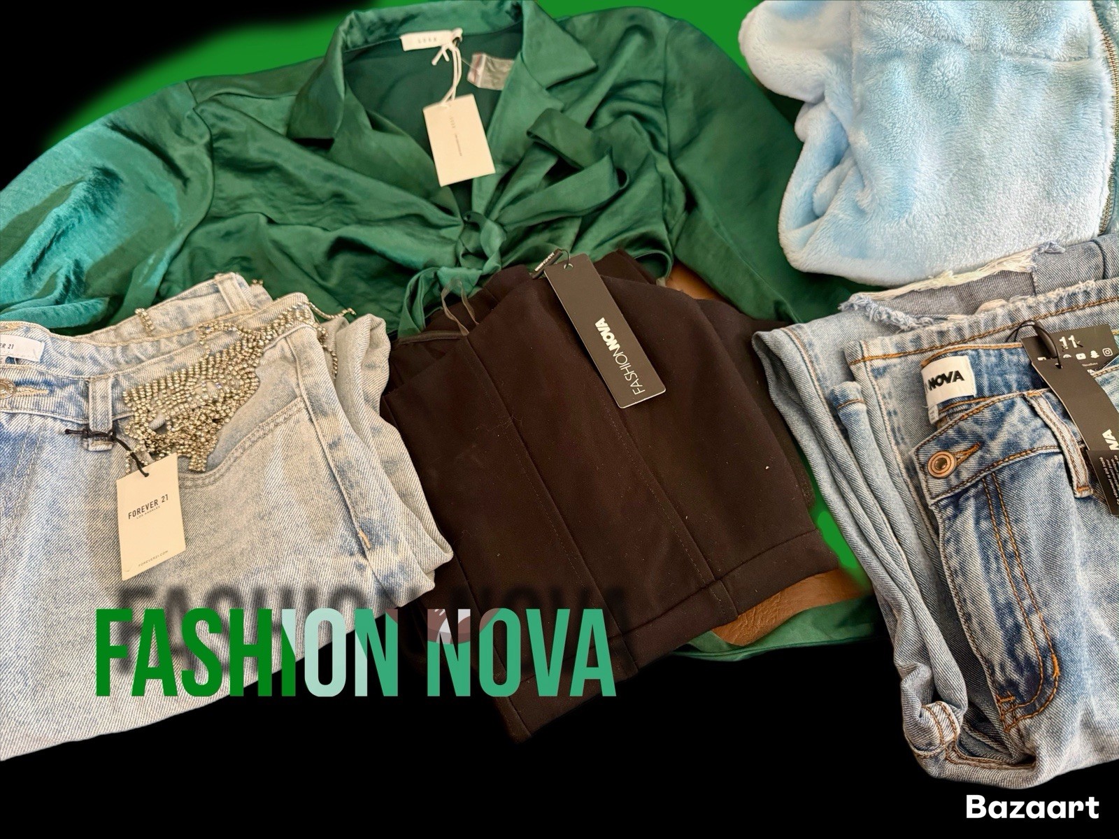Fashion Nova, Forever 21, Lush Jeans Tops Dresses Lot Denim Faux Fur Satin Blue