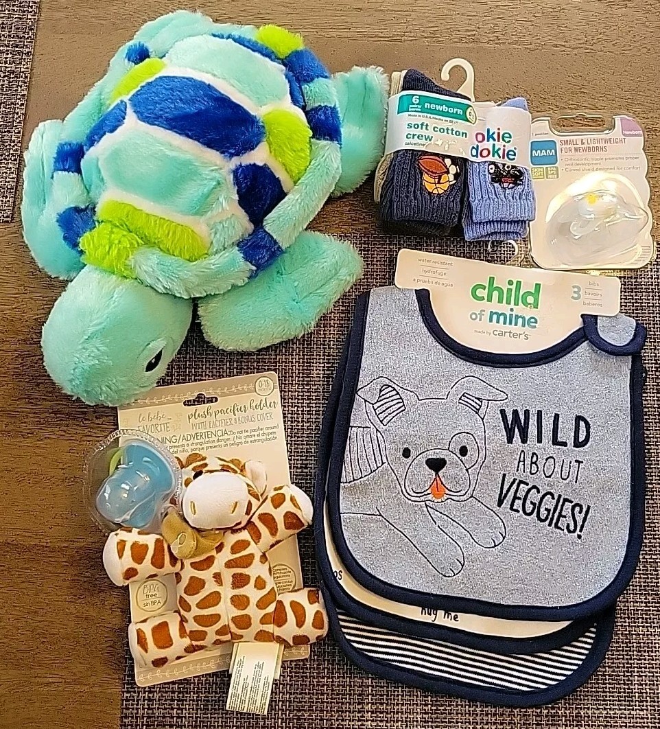 NWT Lot Of Carters Bibs, Okie Socks, Turtle Plush, Le Bebe Pacifier Set Mam Paci